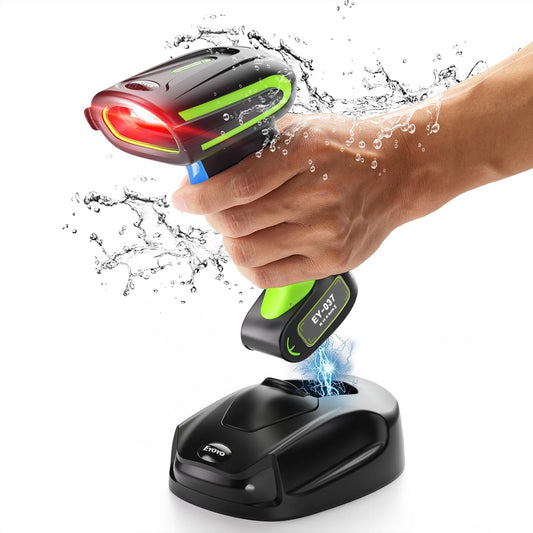 Eyoyo 1D 2D QR Industrial Bluetooth Barcode Scanner with Wireless Charging Stand, Rugged & IP65 Waterproof, Cordless & USB Wired Hands-Free Handheld Bar Code Scanner Reader for Laptop Desktop Android