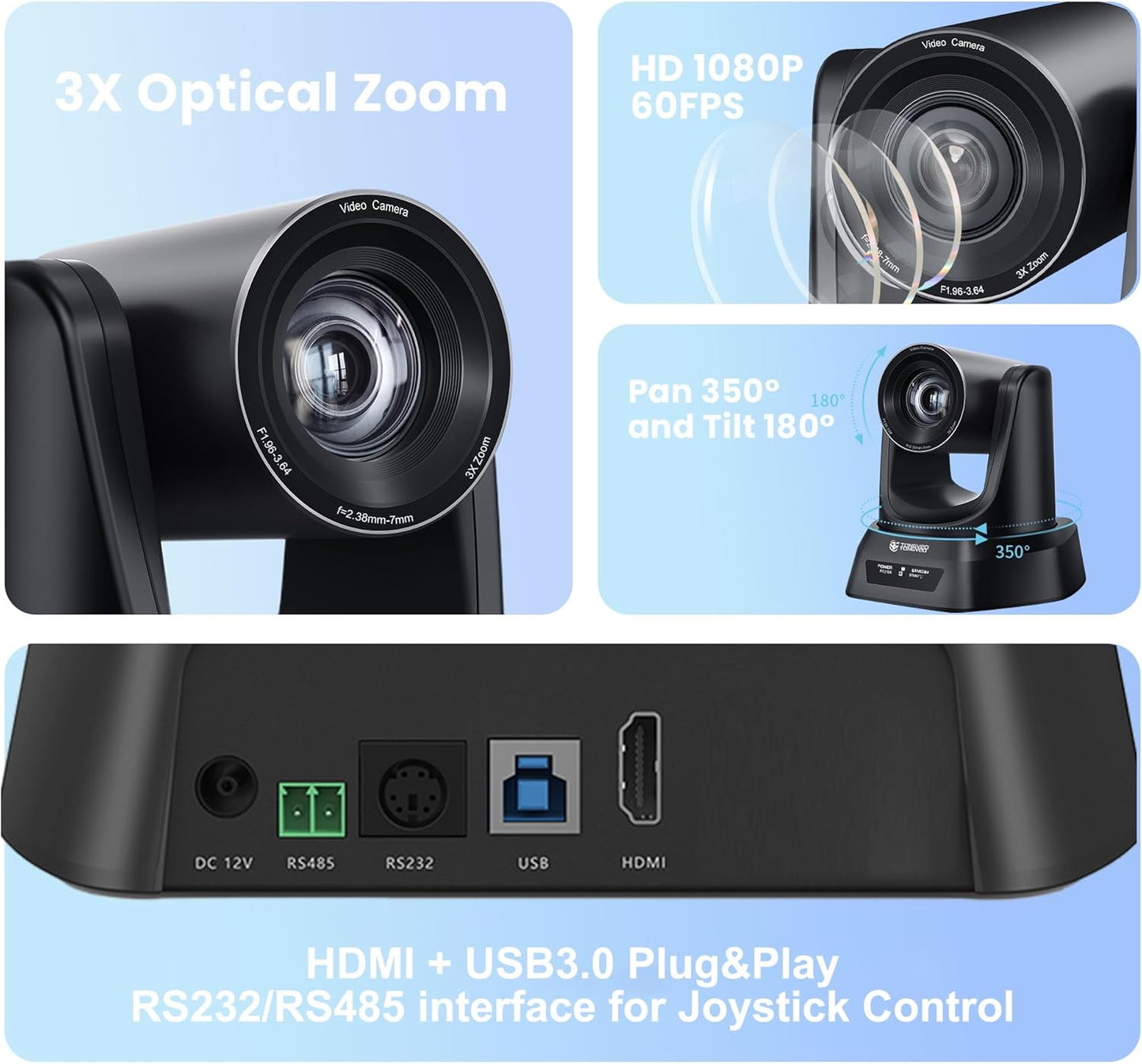 3X Optical Zoom PTZ Camera HDMI USB 3.0 1080P 60fps 114-Degree Wide-Angle for Video Conference Business Meeting Live Streaming Online Learn with Zoom YouTube Teams OBS and More
