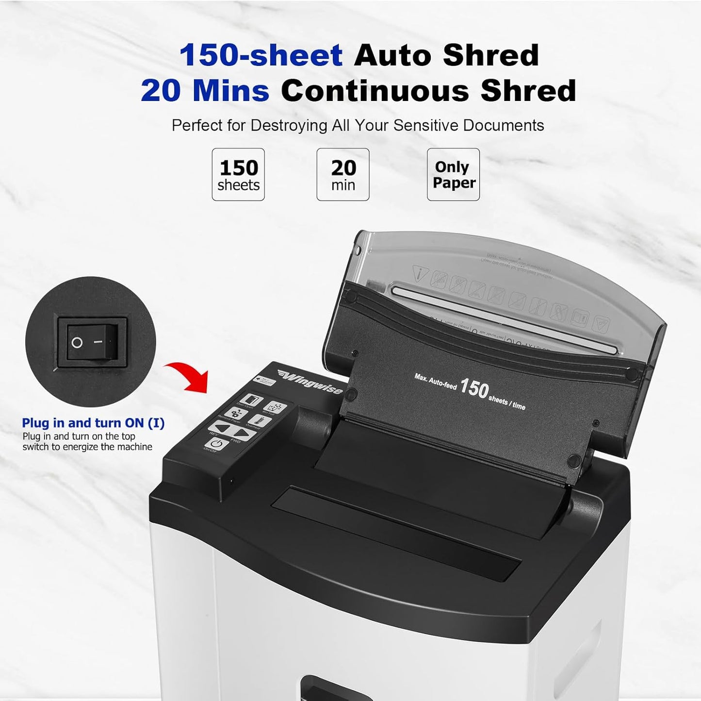 150 Sheet Auto-Feed Paper Shredder, Micro Cut P-5 Super High Security (5/64 x 19/32 inches), Large 6-Gallon Bin, 20 Mins Continuous Run, 55dB Ultra-Quiet for Home Office Use, White