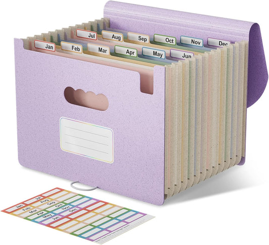 Accordion File Organizer, 13 Pockets Wheat Straw Expanding File Folder, Portable Monthly Paper Bill Tax Receipt Organizer, Letter A4 Size Document Holder with Colorful Tab-Lavender Purple
