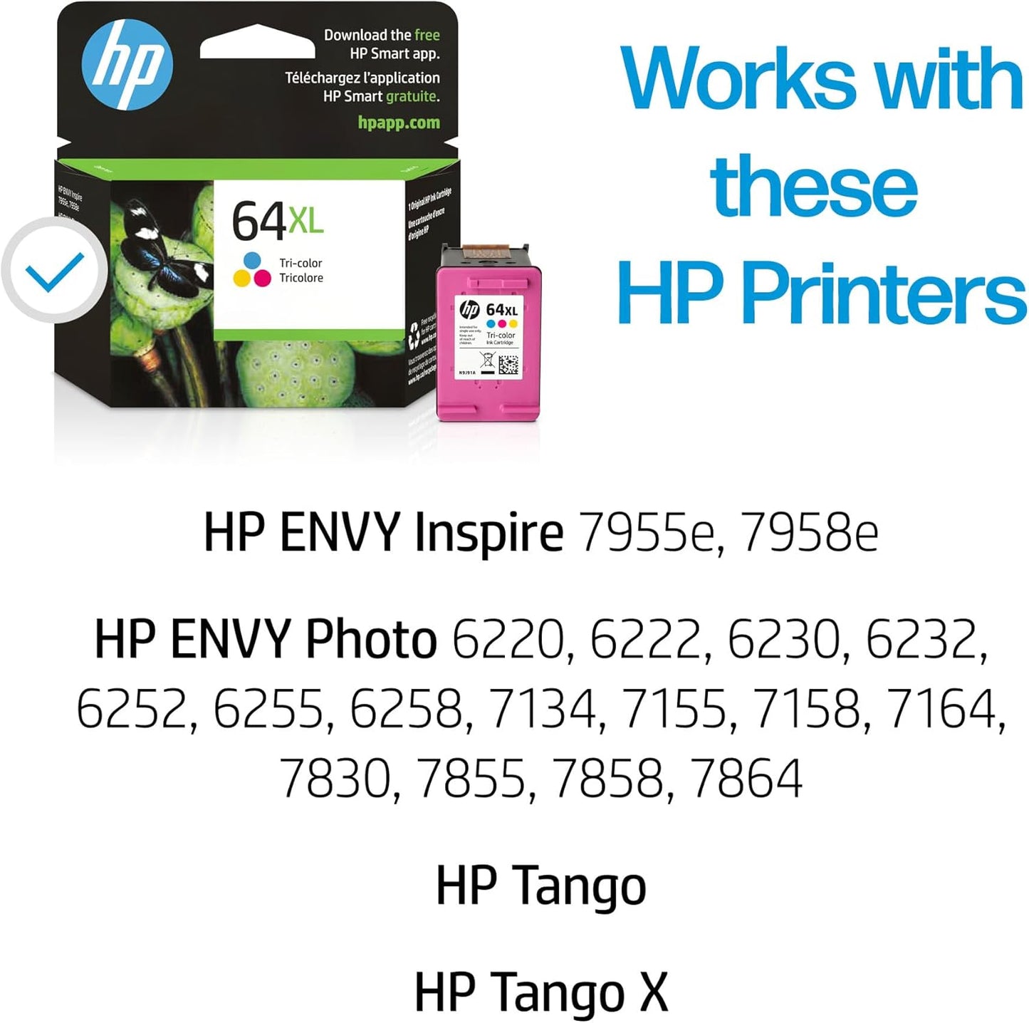 HP 64XL Tri-color High-yield Ink Cartridge for HP Printers | Works with Printer Series: ENVY Inspire 7950e; ENVY Photo 6200, 7100, 7800; Tango | Eligible for Instant Ink | N9J91AN