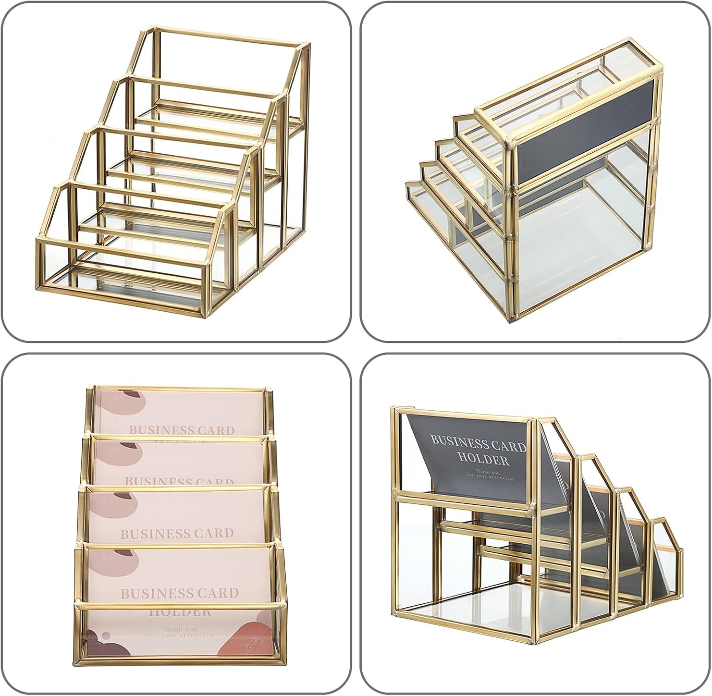 Hipiwe 4 Slots Glass Business Card Holder for Desktop, Gold Mirrored Business Card Display Stand, Multiple Clear Business Name Card Organizer Holder for Office Exhibition