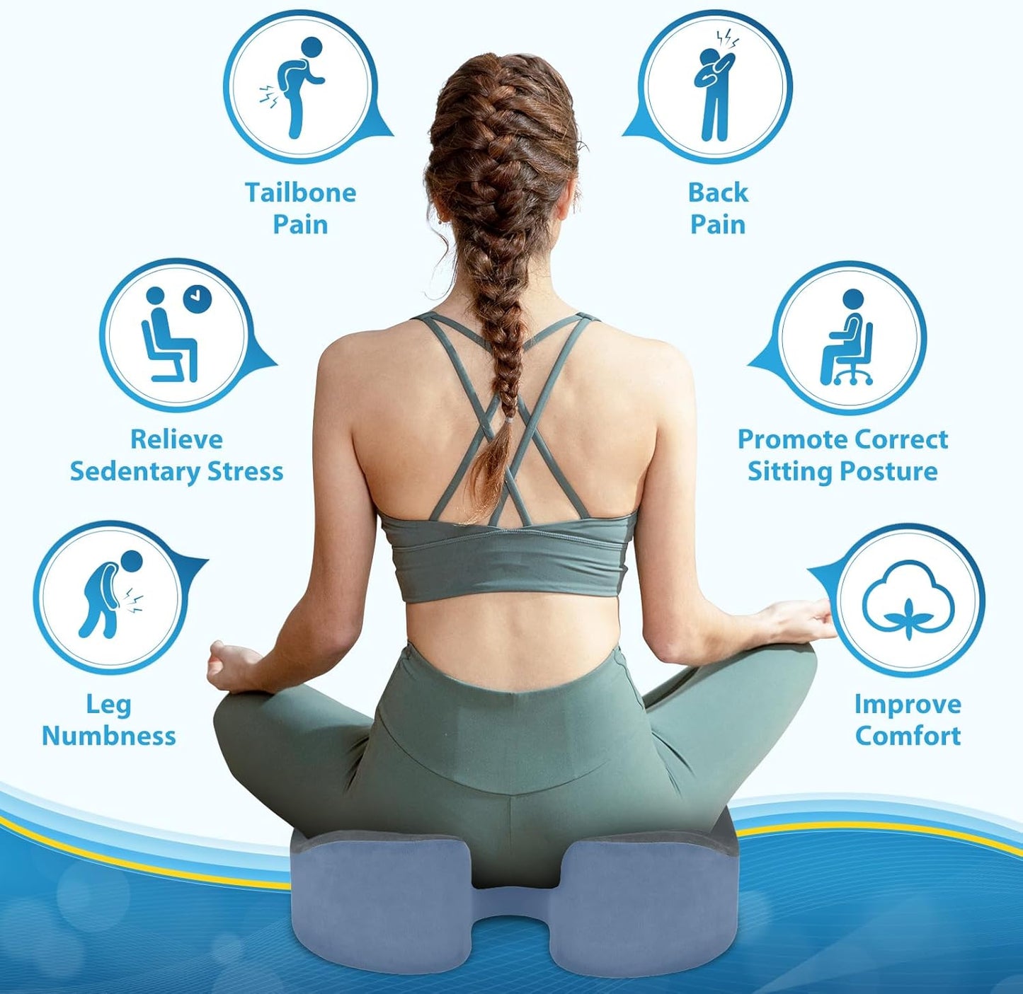 BlissTrends Seat Cushion,5.2in Thick Memory Foam Cushions for Office Chair, Car Seat, Airplane, Relieving Pressure Tailbone Sciatica Back Pain for Long Sitting Office Workers, Car Drivers Gery&Blue