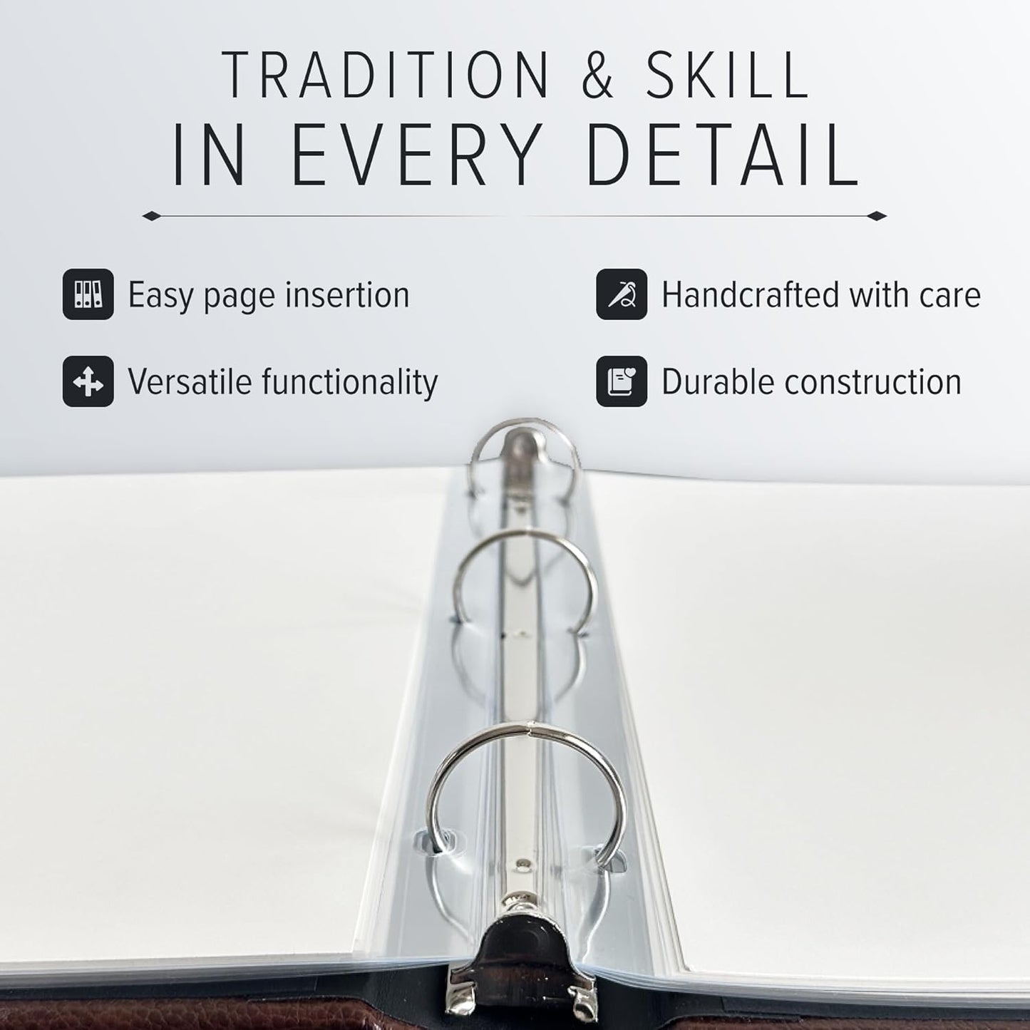 Gallery Leather 3 Ring Binder with Plastic Sleeves, Includes 10 Sheets, Sheet Size: 8.5" x 11" - Presentation Binder Rings with Hubbed Spine, Thick: 0.75" Belfast Black