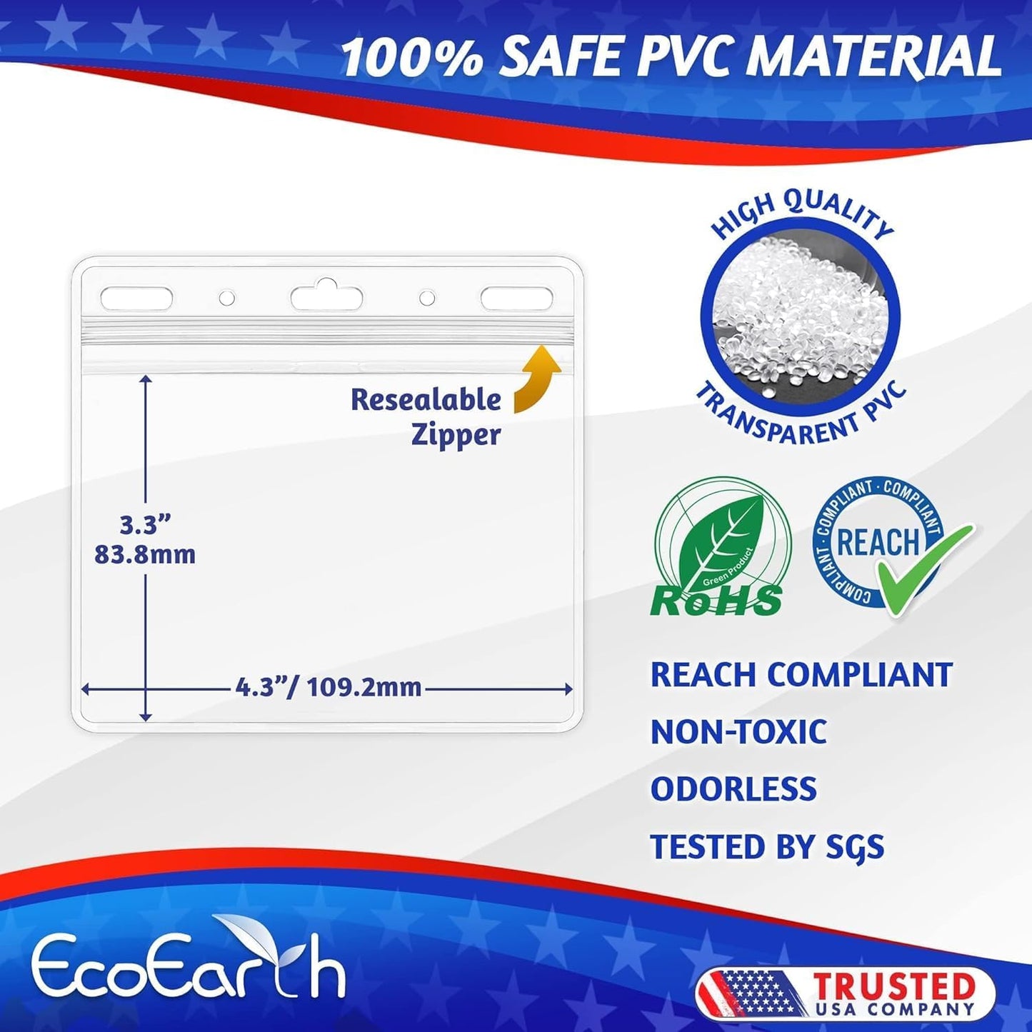 EcoEarth - Horizontal PVC Card Protector with Metal Clips and Vinyl Straps with Soft Edge - Sealable Fits 4x3 inch Inserts - Clear, 25 Pack - Waterproof ID Holder Bulk - ID Card Holder