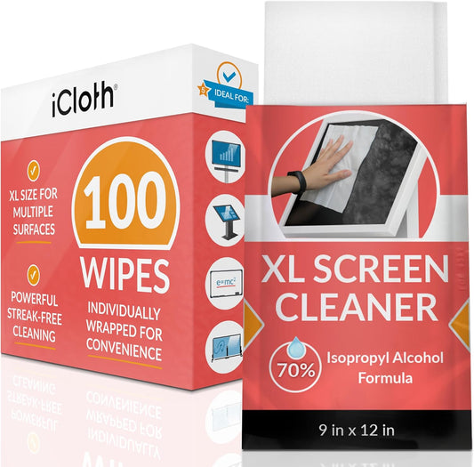 iCloth XL Screen Cleaning Wipes, Lint-Free and Streak-Free, Fast-Drying, Removes Dust, Fingerprints, and Smudges (100 XL Wipes)
