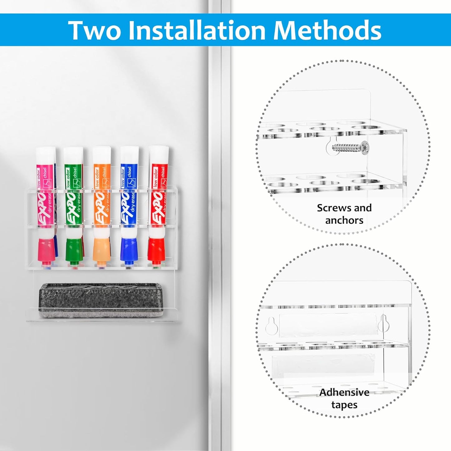Dry Erase Marker Holder, Wall Mounted Acrylic Marker Holder with 10 Slots, Sticky Pen Storage for Classroom Organization, Whiteboard, Office, Clear