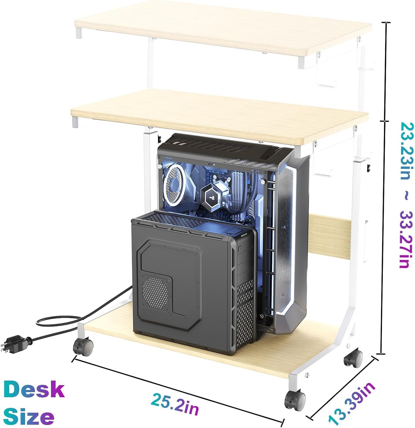 Height Adjustable Computer Tower Stand with Charge Station and USB Charging Port, 2-Tier ATX-Case Cart, Under Desk Mobile PC Stand, CPU Holder Cart with Locking Caster Wheels for Fits Most PC