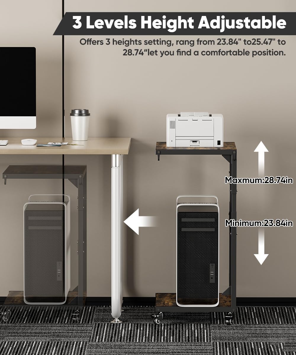 Computer Tower Stand, 2-Tier Metal CPU Holder Stand with Lockable Wheels, Adjustable Under Desk PC Shelf, Mobile Rolling Computer Cart for Home, Office, Gamers and Students, Black