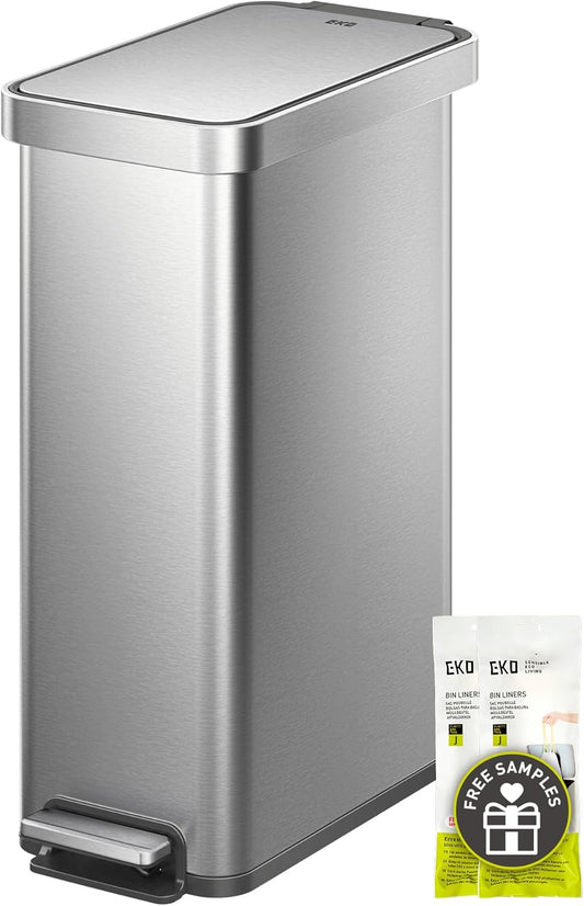 EKO Hudson Slim 50L / 13.2 Gallon Kitchen Trash Can with Lid, Stainless Steel Step Garbage Can for Kitchen or Home, Space-Saving Garbage Can with Soft Close Lid, Stay-Open, Liner Ring, Handle