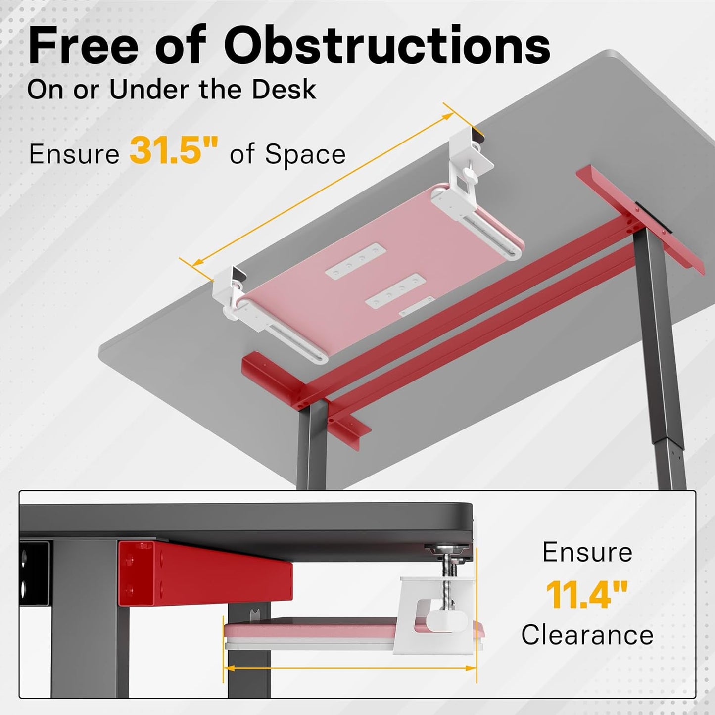 BONTEC KMT01 Under Desk Keyboard Tray, Pull-Out Keyboard & Mouse Platform with C-Clamp, 25.6 x 11.8 in Space-Saving Ergonomic Slide-Out Drawer, Pink