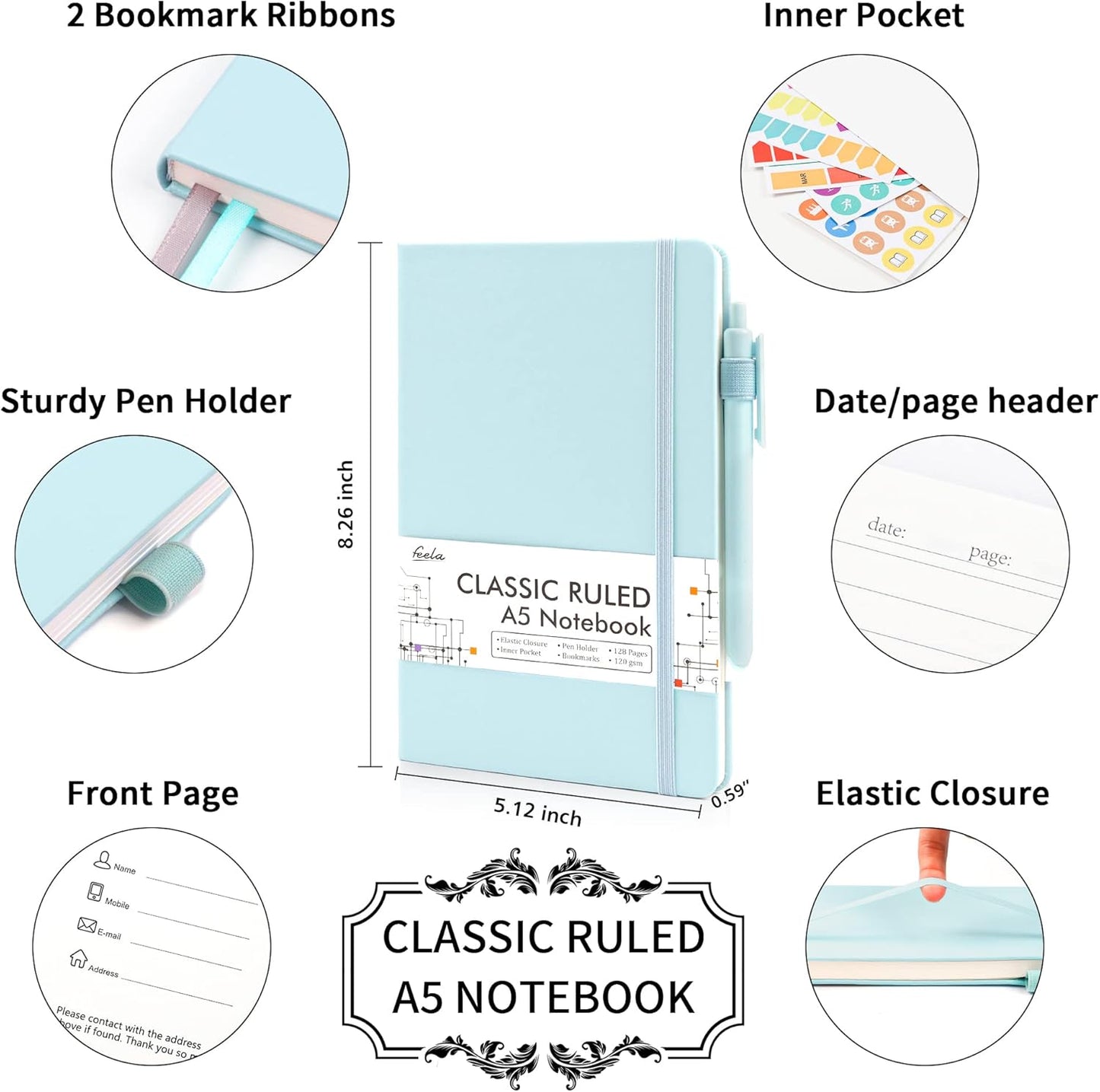 feela 24 Pack Journal Notebook Bulk for Work, Business Notebook Hardcover Lined Writing Journal with Pen Holder for Students Women Note Taking, with 24 Black Pens, 120 GSM, 5.1”x8.3”, A5, Sky Blue