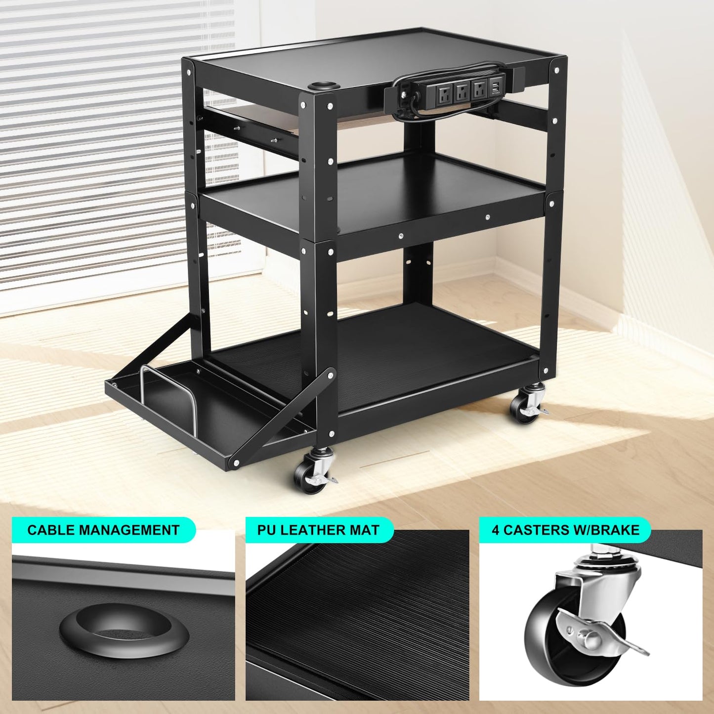 DNA MOTORING Steel AV Cart 3-Layer Rolling Projector Utility Cart, 24" X 18" X 20" - 30.5" Height Adjustable, with Wheels, Pullout Keyboard Tray, Power Strip, Cord Management, TOOLS-00495
