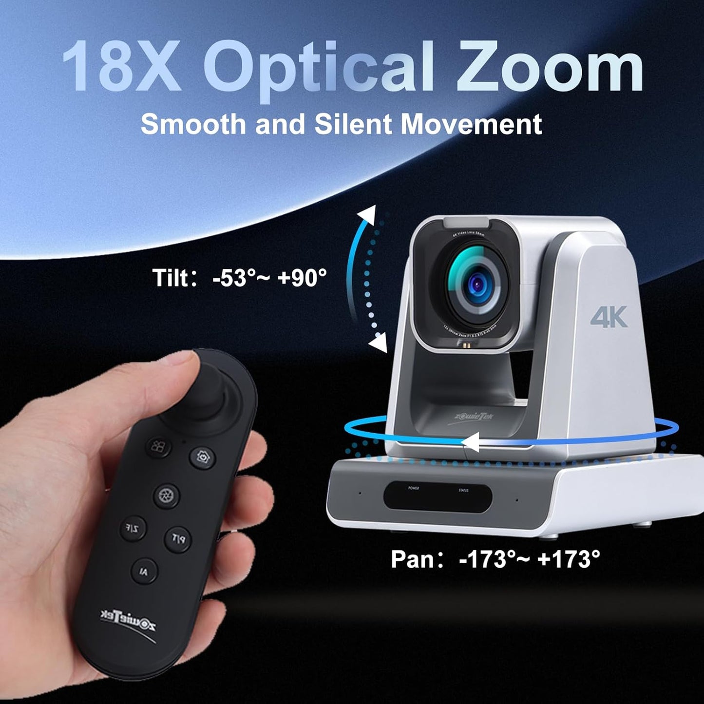 4K USB/HDMI/LAN PTZ Camera, Ergo-Ease Remote Control, Auto Focus, 18X Optical Zoom, Live Streaming for Video Conference, Meeting, Church, Event, Teaching