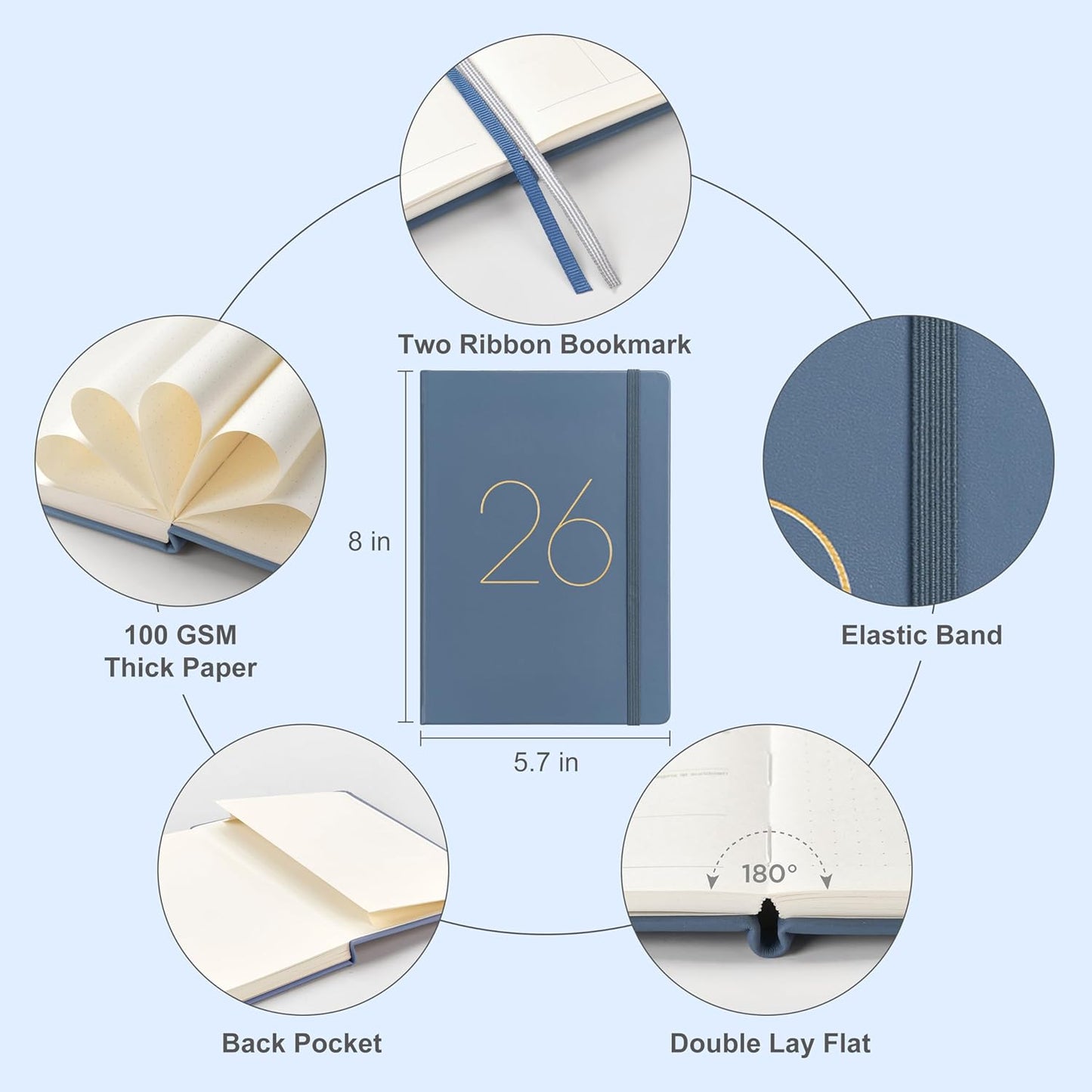 And Per Se 2026 Planner-Daily, Weekly & 15-Monthly Leather Hardcover Planner, 5.7" x 8", Daily Schedule, Monthly Tabs, 100 GSM Thick Paper, Back Pocket(Dark Blue)