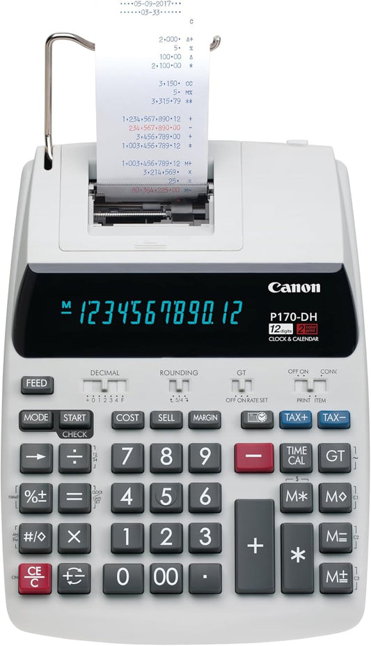 Canon Office Products 2204C001 Canon P170-DH-3 Desktop Printing Calculator with Currency Conversion, Clock & Calendar, and Time Calculation, Black/White/Silver, 14.60 Inch x 9.60 Inch x 3.00 Inch