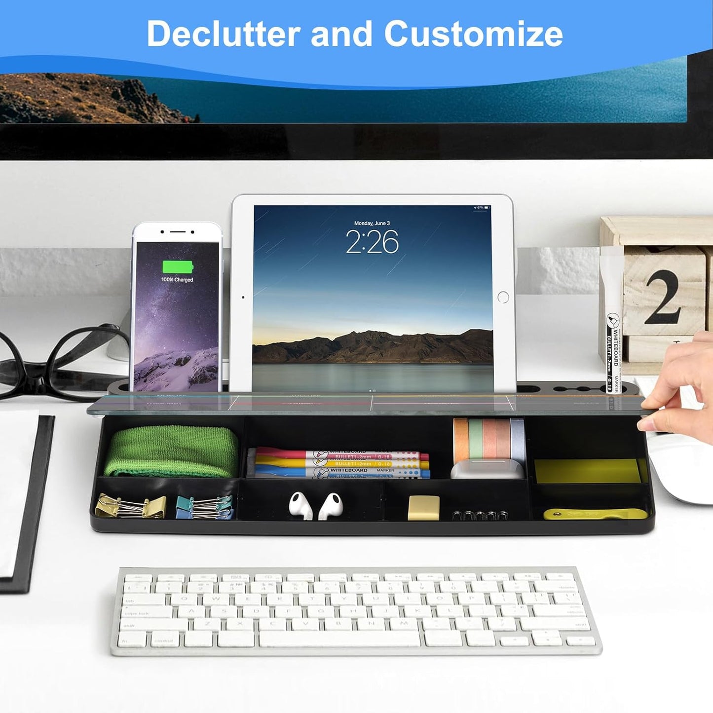 Desktop Glass Whiteboard with Storage, Colorful Weekly Calendar Desk Dry Erase White Board, Desk Organizers and Accessories, Weekly Planner with Notes for List, Planning, Memo, Office, Home, School