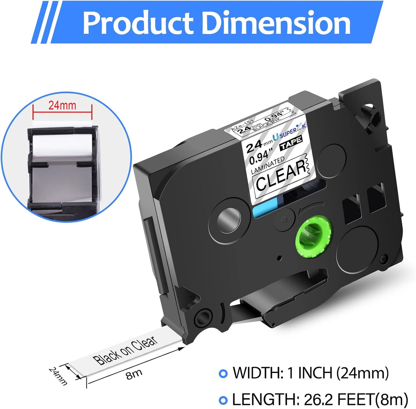 6PK 24mm Clear Label Tape Compatible for Brother P-Touch Label Maker Tape TZe-151 1 Inch TZe TZ Label Tape TZ-151 TZe151 TZ151 24mm 0.94'' Laminated Clear Tape for PT-D600 D610BT P700