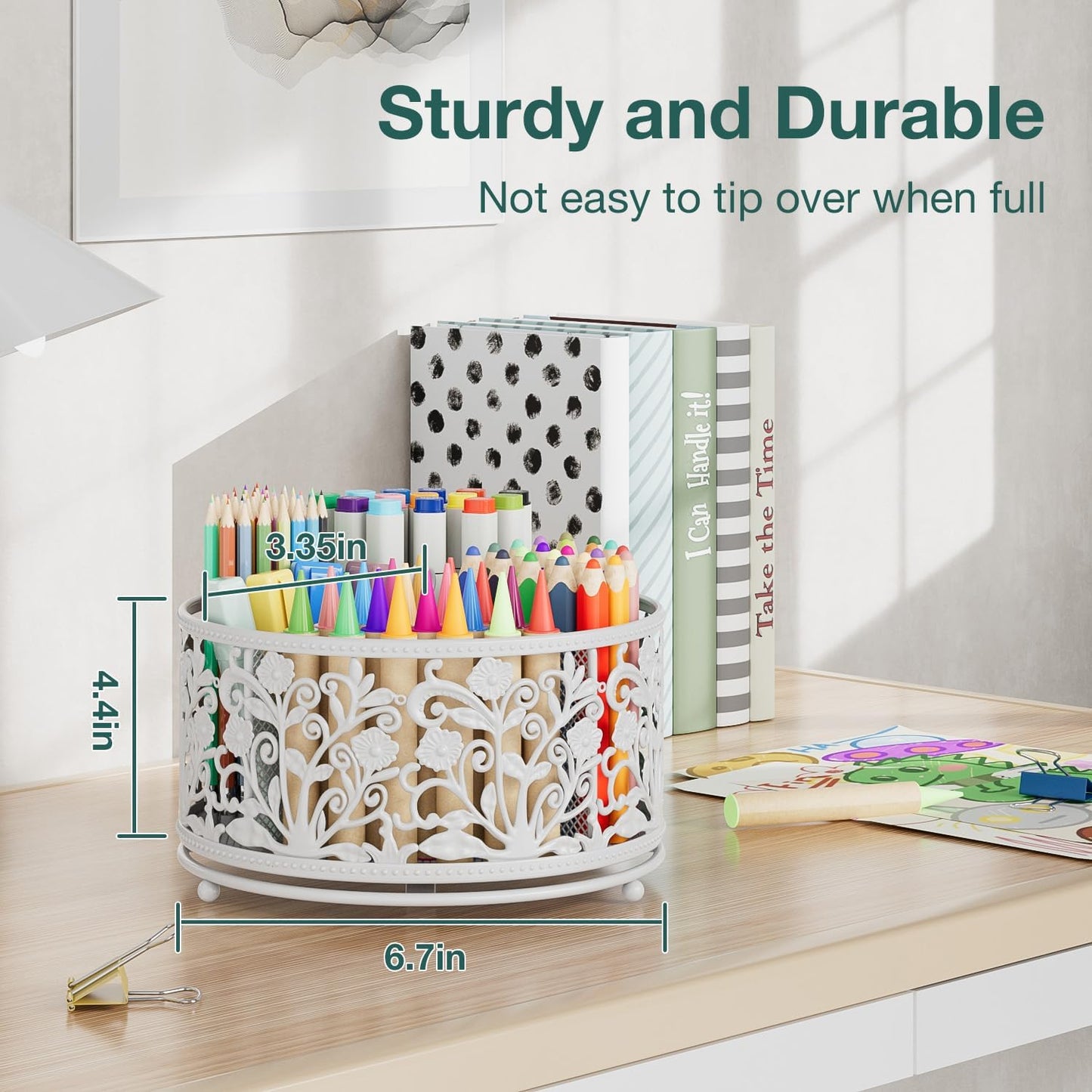 EKNITEY Rotating Mesh Desk Organizer - 4 Slots Cute Pen Pencil Holder Caddy for Office Art Supplies Home School Classroom White