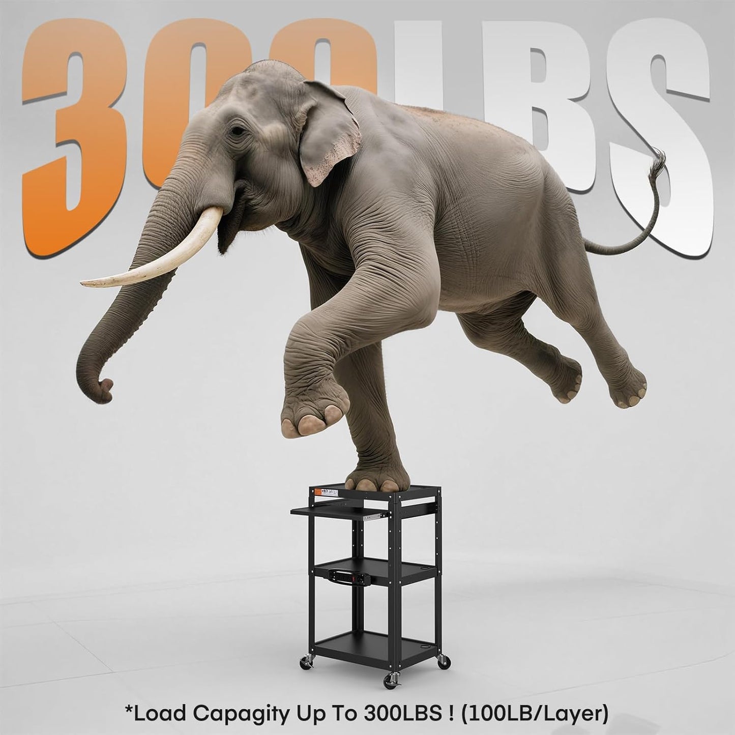 AV Presentation Cart Stand for Video Projector,TV,Laptop Computers,Printers,Metal Construction Rolling Cart with Adjustable Shelves,4 Wheels,4 Outlets, 5.75ft Cord,Support 300 lbs,Black