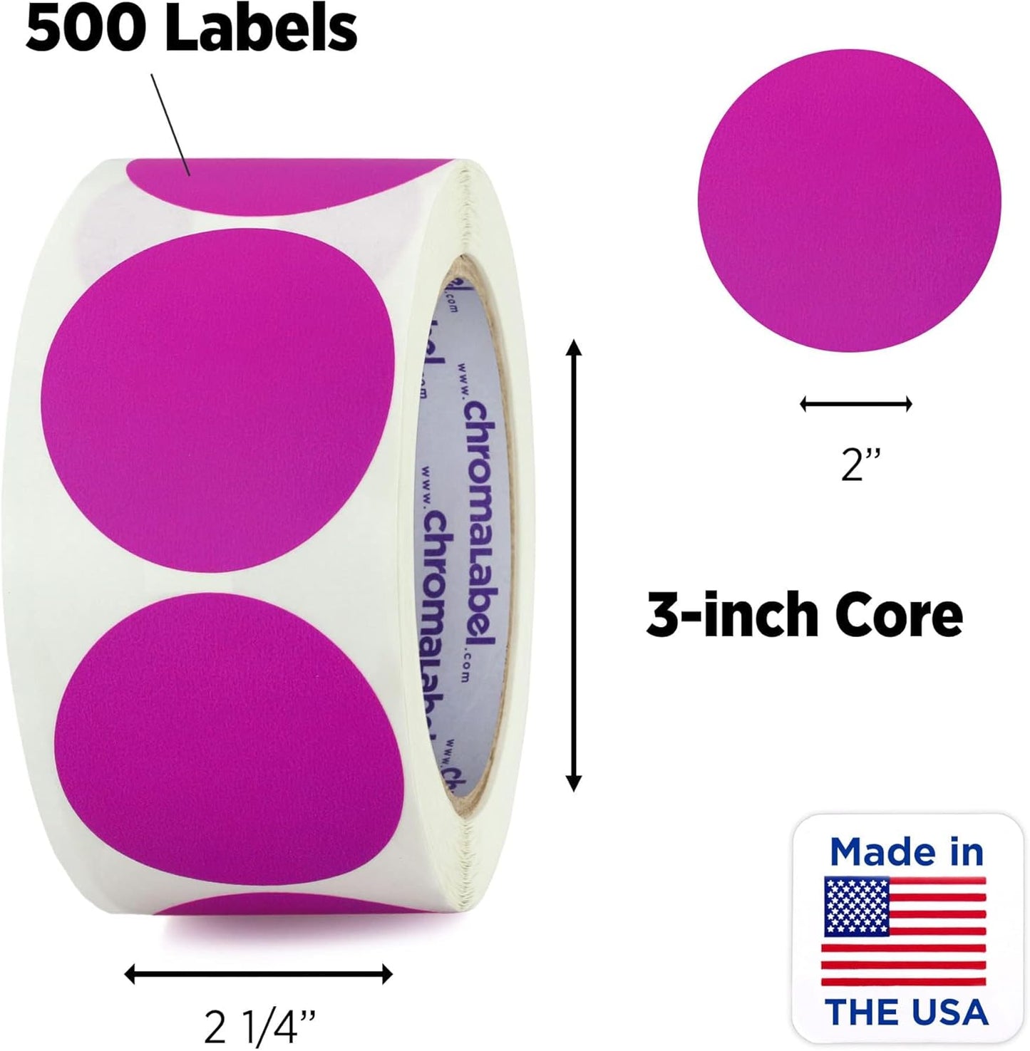 ChromaLabel 2 Inch Round Label Permanent Color Code Dot Stickers, 500 Labels per Roll, Fluorescent Purple