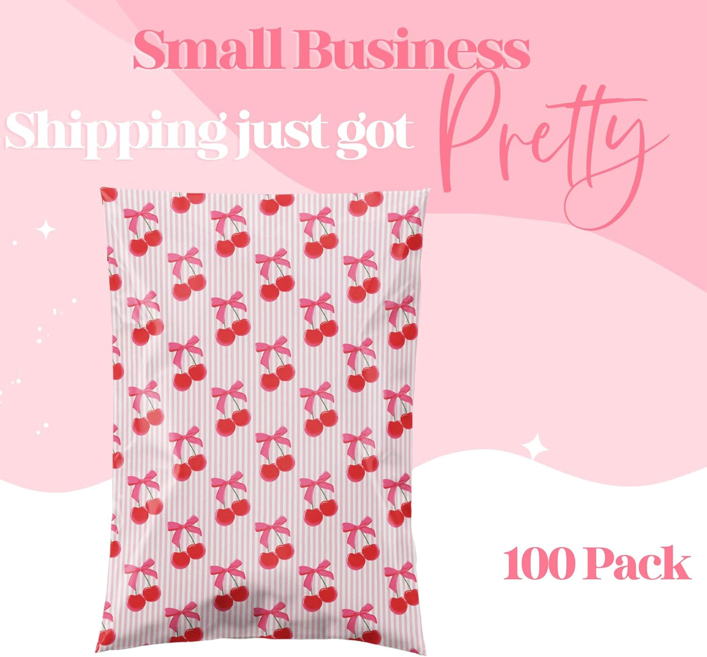 6x9 Designer Poly Mailer 100 Pack Heavy Duty Waterproof Self Seal Shipping Bags for Small Business Large Mailing Envelopes Bulk Tear Resistant Packaging Pink Stripe Cherry Fruit