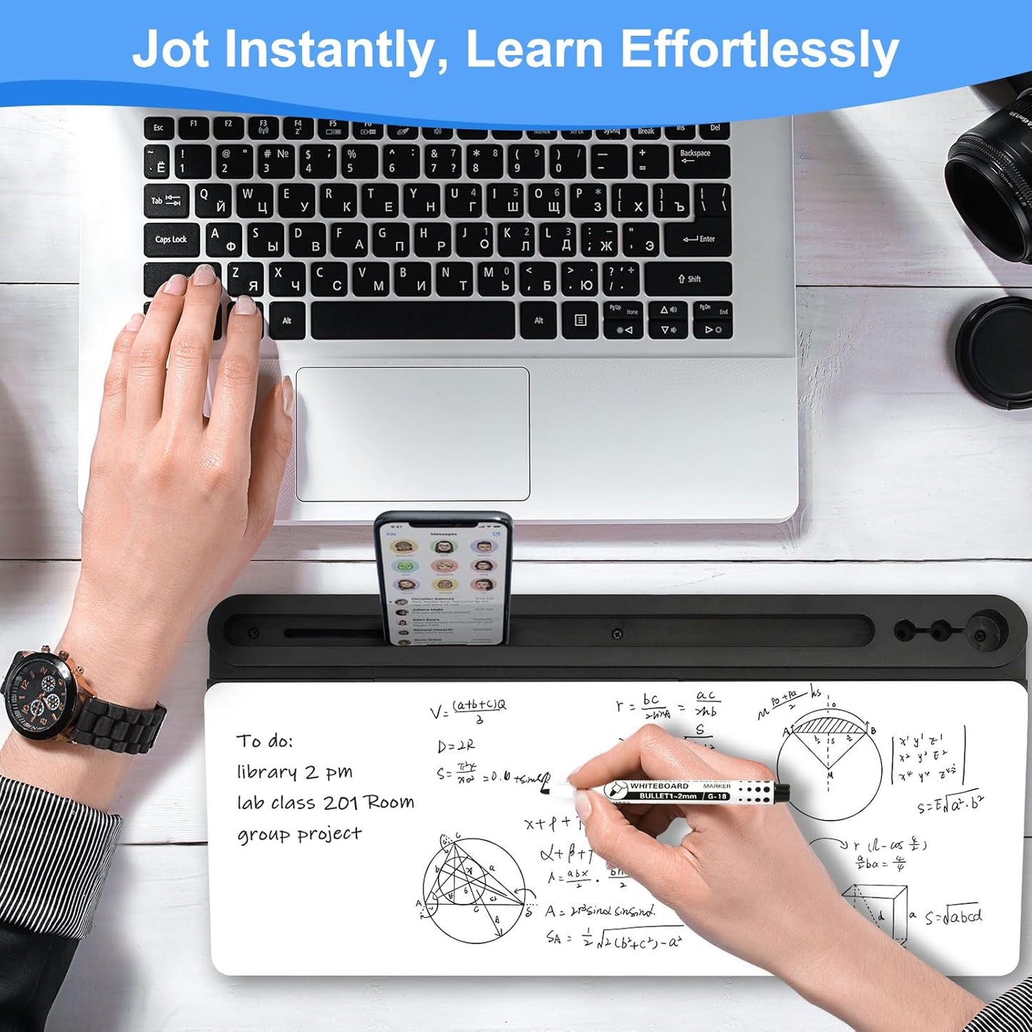 Desktop Glass Whiteboard with Storage, Desk White Board with Computer Keyboard Stand, White Dry Erase Board with Drawers for Home, School, Office Desk Organizers and Accessories