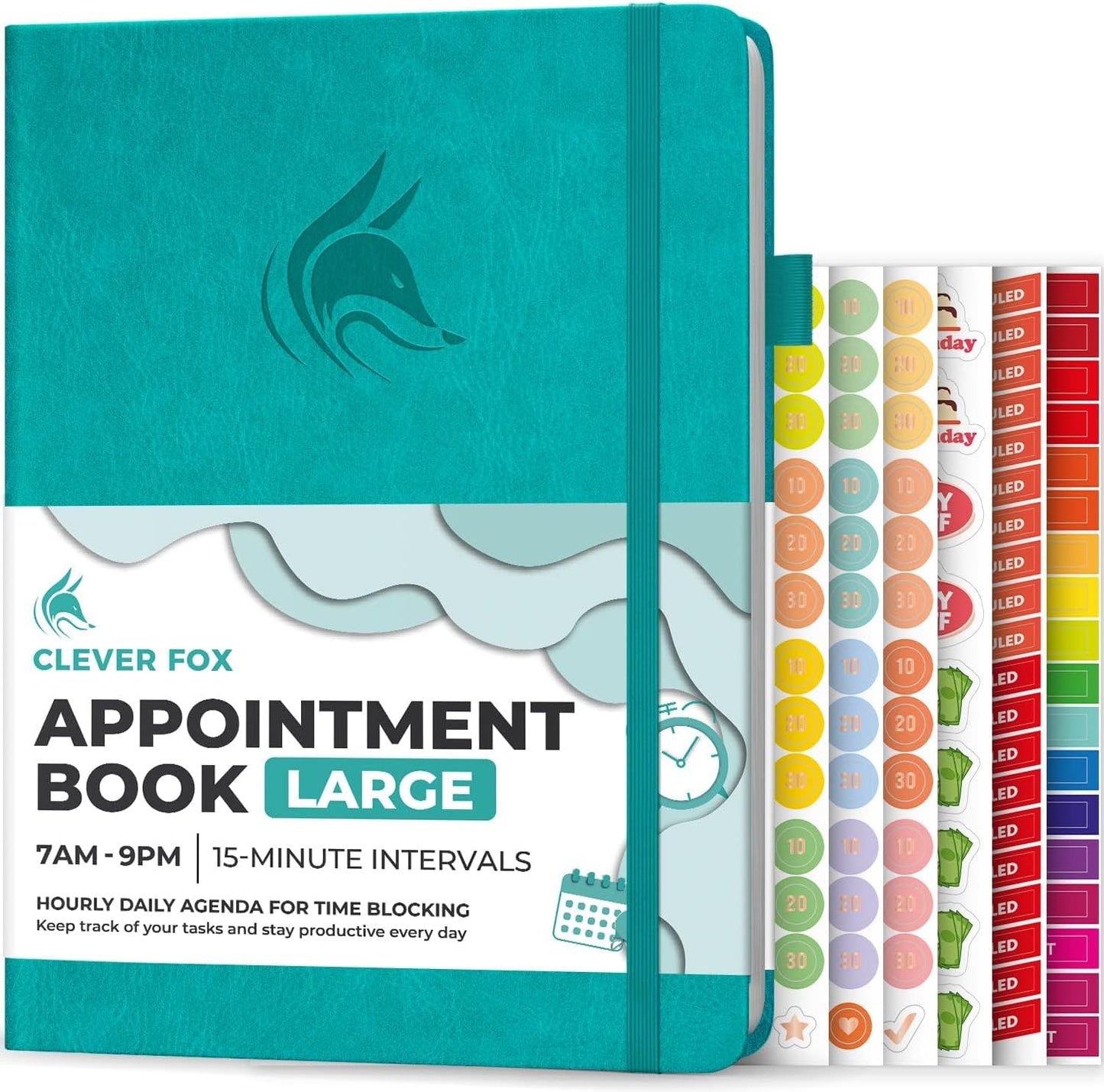 Clever Fox Appointment Book – Hourly Schedule Planner with 15-Minute Increments – Time Box Planner for Daily Work & To-Dos – Weekly & Monthly Spreads, Undated, Hardcover, 8.3x11″ (Turquoise)