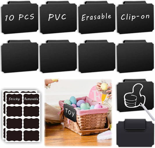 27-Piece Set of Basket Labels Clip On for Storage Bins: 10 Erasable Plastic Kitchen Pantry Labels, 16 Removable PVC Tag Stickers, 1 White Chalk Marker, for Organization Container, Jar, Shelf, Laundry