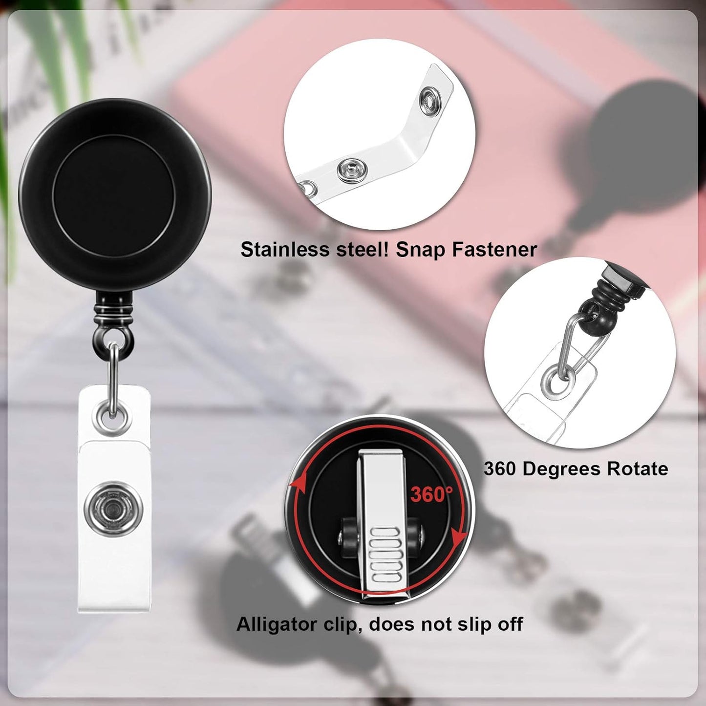 50 Pieces Retractable Badge Holder Reels with Swivel Alligator Clip, ID Card Holder Name Badge Reel Clips for Students Teachers Office Workers (Black)