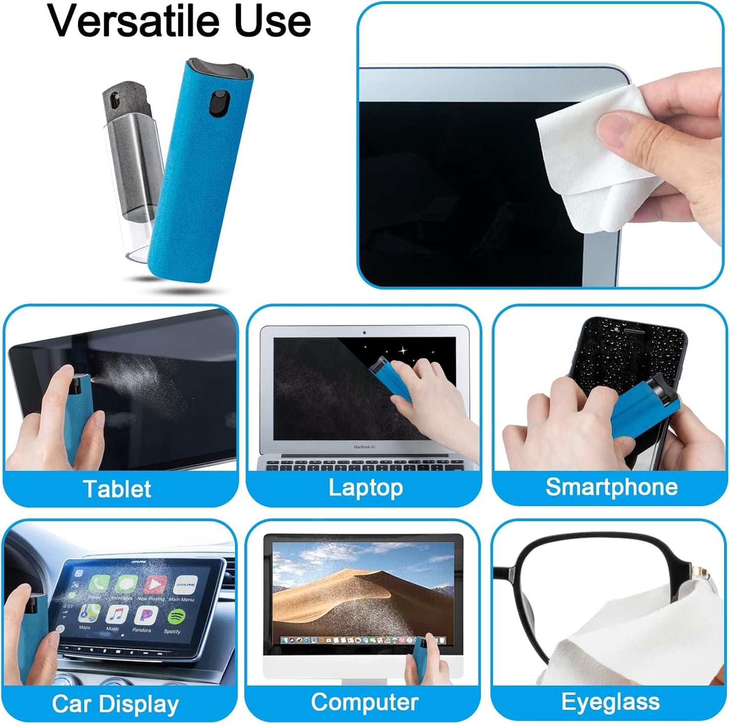 2 Pack Car Touch Screen Mist Cleaner, walrfid Laptop Screens and Phone Touchscreen Cleaning Kit for iPad, iPhone, MacBook Pro with Aipods Cleaning Pen, Small Brush and Eyeglass Cloth - Grey and Blue