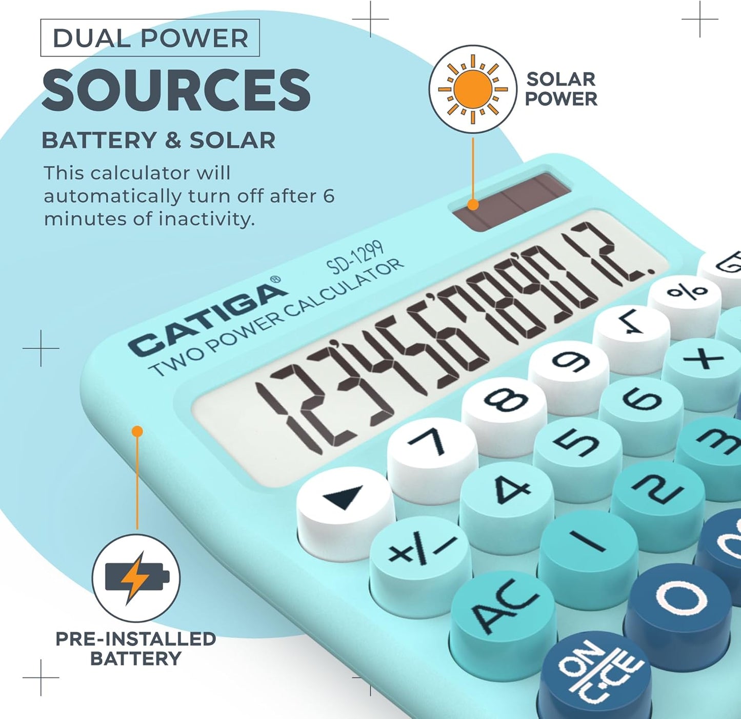 CATIGA Mechanical Switch Calculator with Solar and Battery Dual Power, 12-Digit Large LCD Display, Aesthetic and Cute Desktop Calculator with Big Button, for Home, School and Office Use, SD-1299