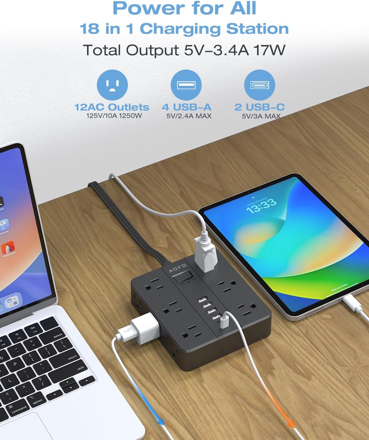 25FT Surge Protector Power Strip,12 AC Outlets with 6 USB Ports (2 USB-C), Flat Plug Extension Cord with Multiple Outlets, Wall Mount for Home Office,Dorm, Black