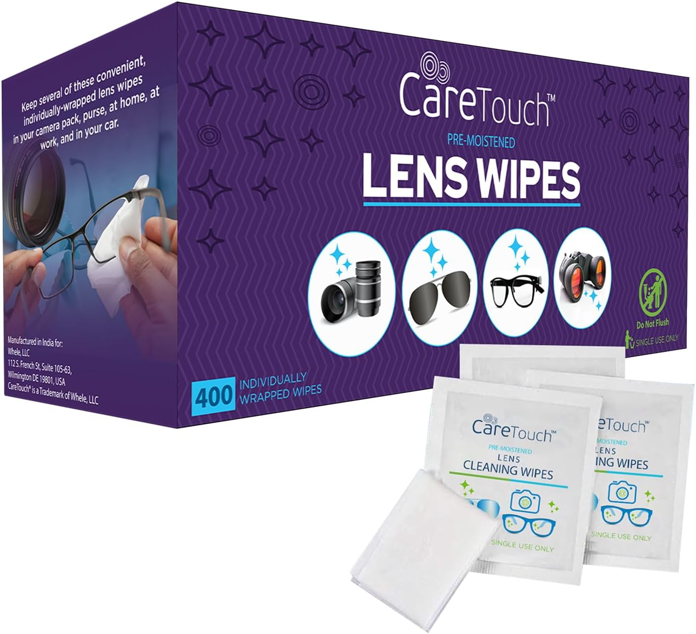 Care Touch Lens Wipes for Eyeglasses- 400 Count Individually Wrapped Pre- Moistened Wipes, 5 x 6 Inch- Camera Lens, Sunglasses and Glasses Cleaner,- Gentle and Portable for Cleaning of Optical Devices