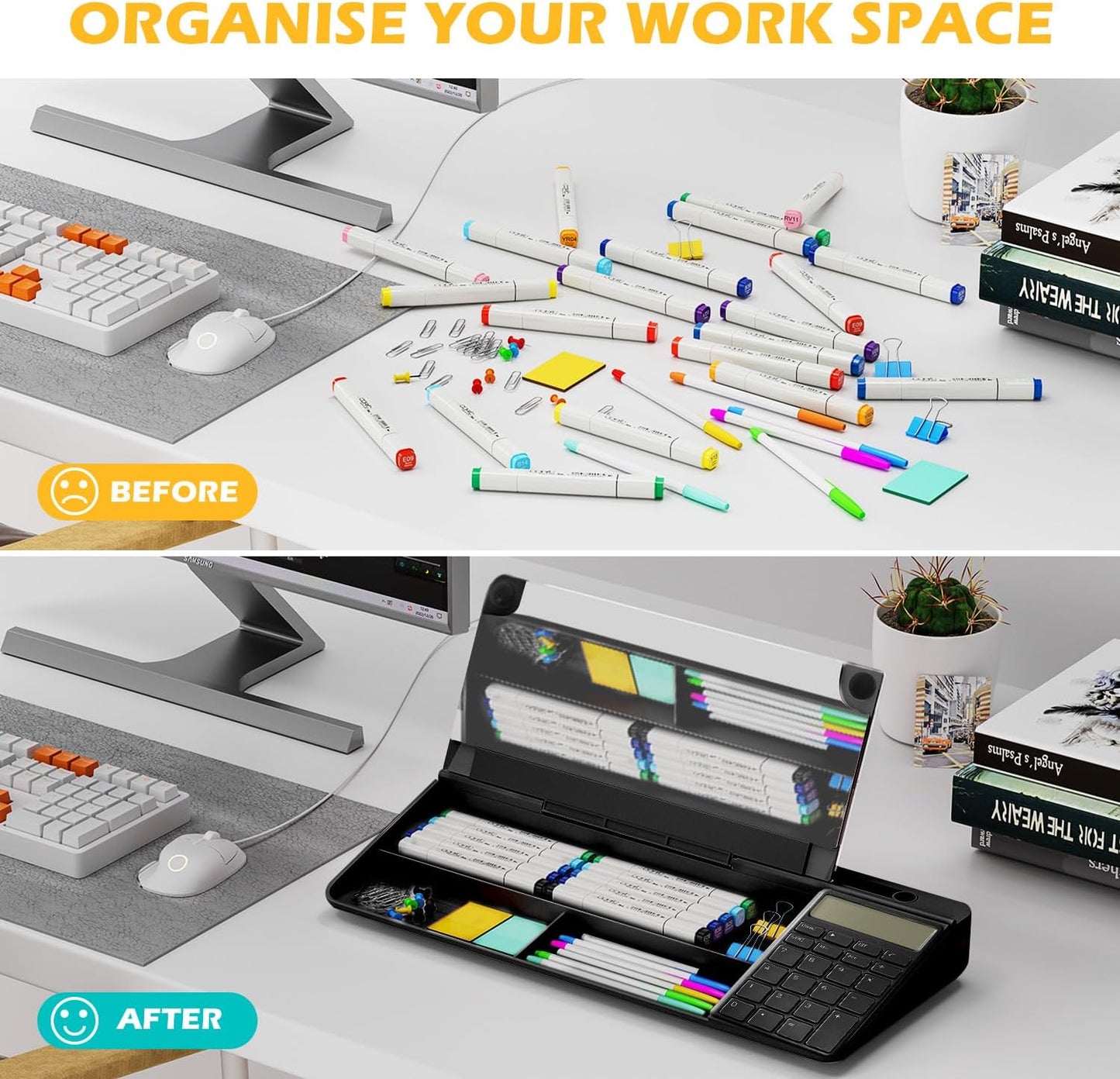 Desktop Glass Whiteboard with Mirror & Calculator(12 Digit LCD Display) & Ruler Marker,Tilted Computer Keyboard Stand with Dry Erase Board Surface, Desk Organizers with Accessories,Black