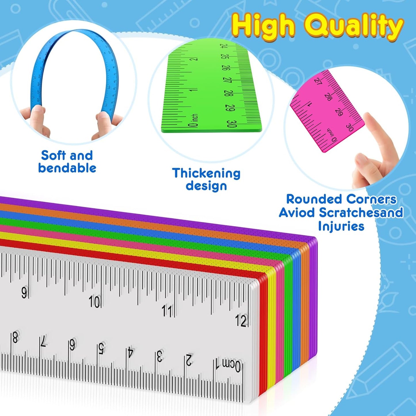 312 Pack Plastic Ruler Bulk, 12 Inch Plastic Ruler in Assorted Colors, Clear Rulers with Inches and Centimeters, Transparent Rulers Bulk for Kids Back to School, Classroom, Office, Home Supplies