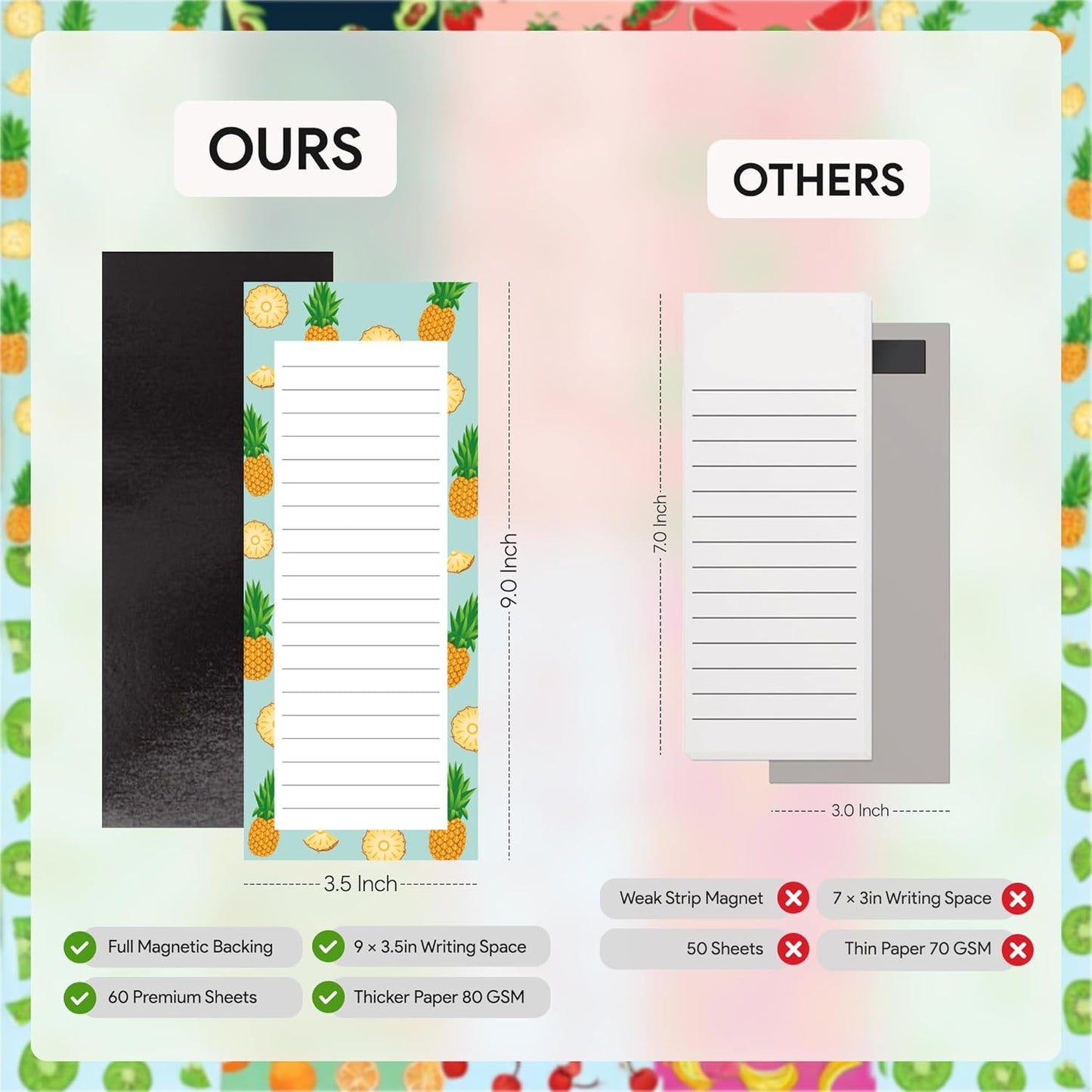 8 Large Magnetic Notepads – Big Notepads for Grocery List, Shopping List, To-Do List, Reminders -Strong Magnetic Back- Memo Pads with Realistic Fruit Designs | 60 Sheets per Pad 9 x 3.5 inch (8 Pack)