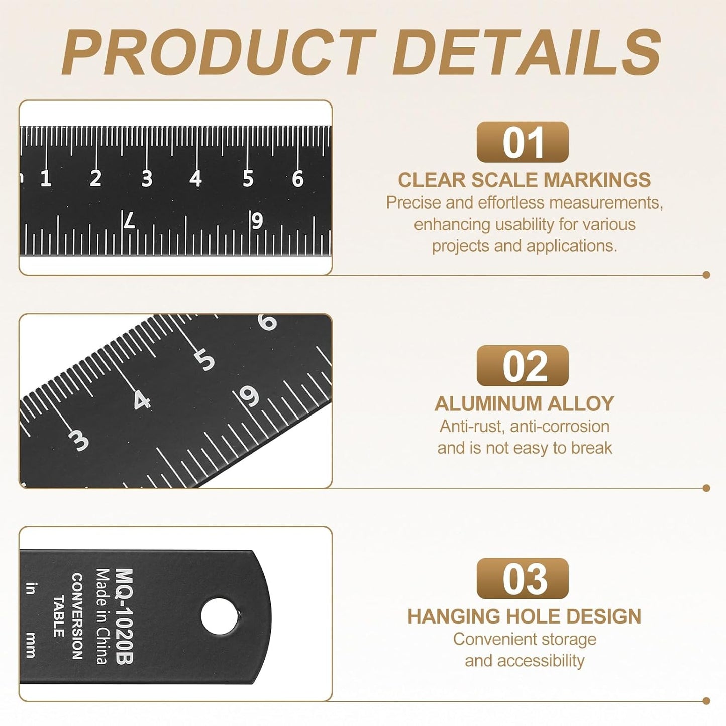 HARFINGTON 2pcs Metal Straight Ruler 30cm Metric SAE Aluminum Alloy Measuring Rulers Scale Tool with Hole for Measure Study Reading Classroom Office, Black