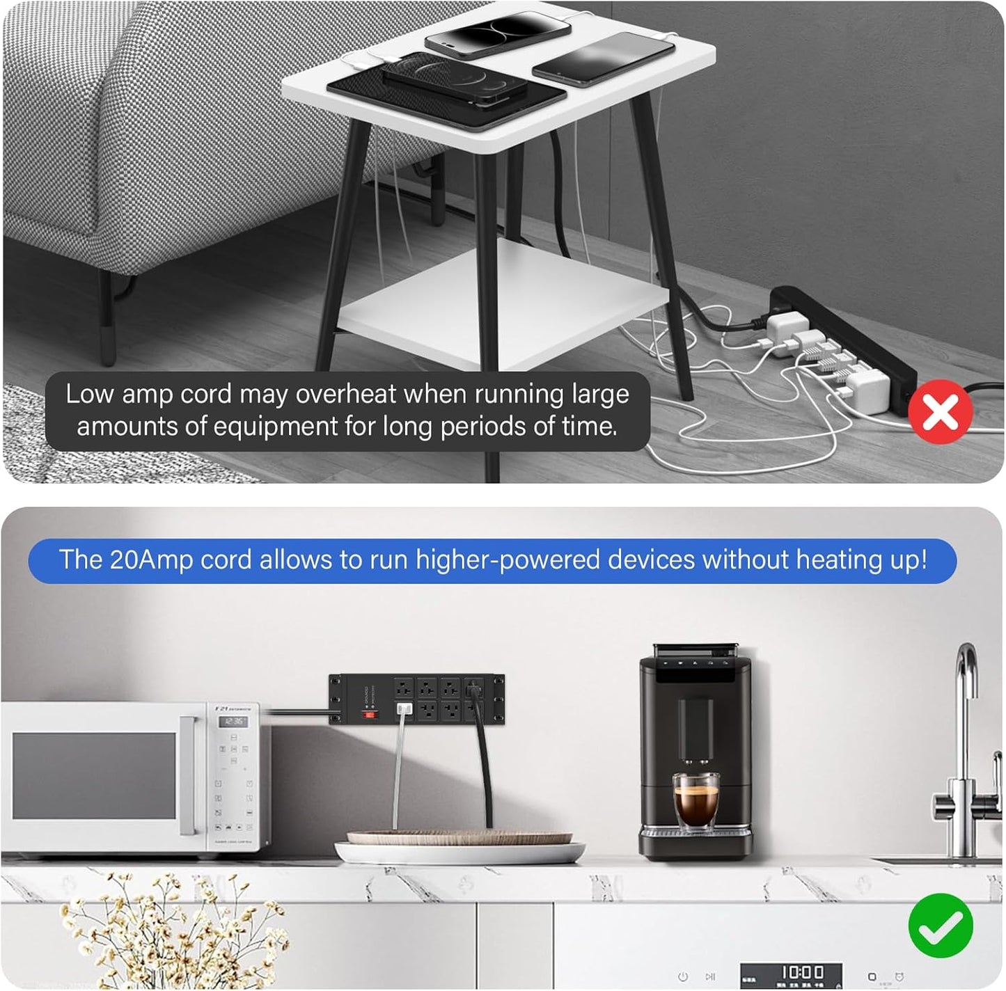 CCCEI Magnetic Heavy Duty Power Strip Surge Protector 20Amp, 12 Gauge High Amp Extension Outlets, Garage Wall Mount 8 Plug Metal Power Strip. 15FT, Black, 5-15P Adapter 6-20R T-Slot 20a for Appliance