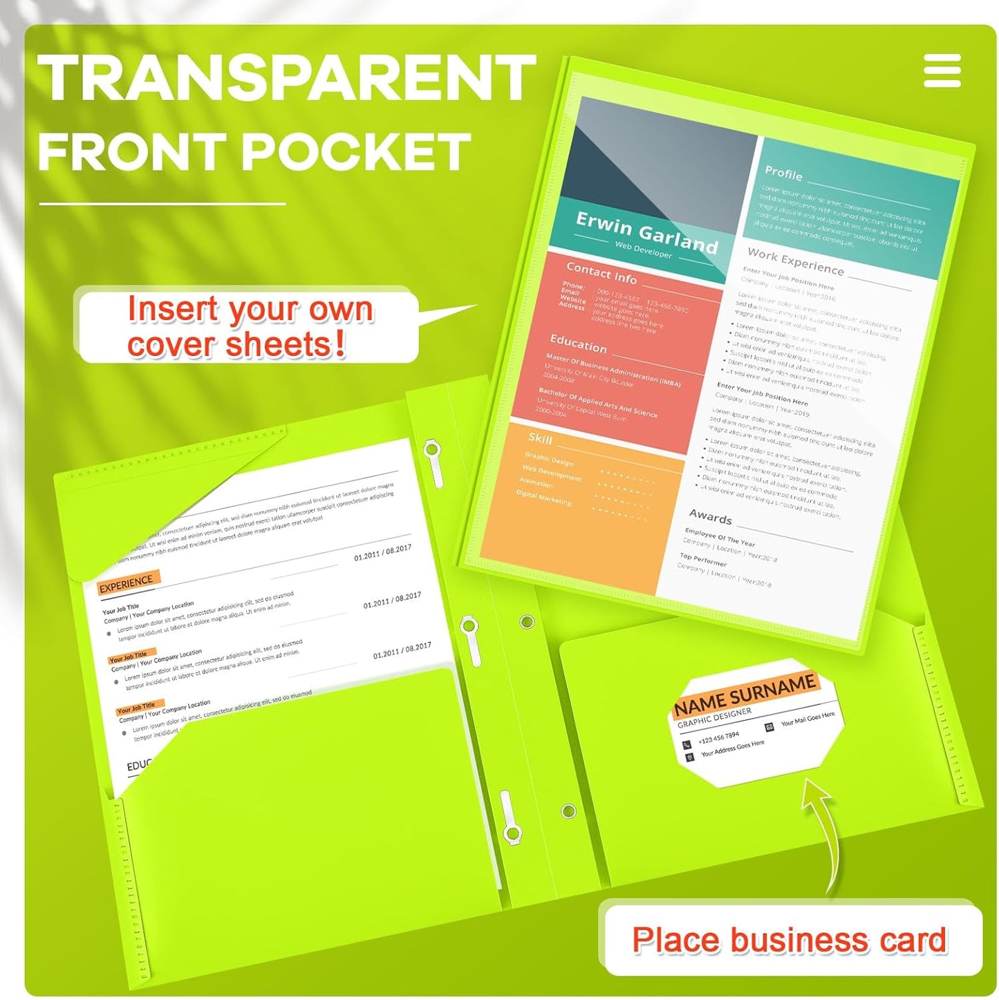 Henoyso 18 Pcs Plastic Folder with Clear Front Pocket and 3 Prong Plastic Folders with Card Slot Pocket Folders with Prongs for School Office (Fluorescent Green)