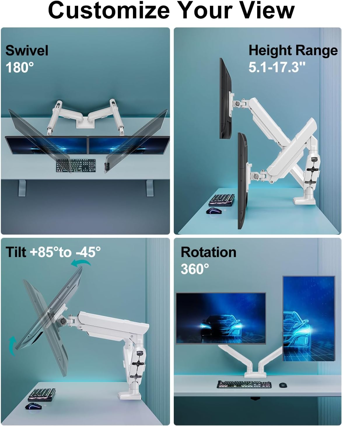 Dual Monitor Desk Mount, 13-32 inch Adjustable Gas Spring Monitor Arm, Computer Display Stand Holder with Clamp and Grommet Base, Fits 4.4 to 22lbs Screens, VESA Mount Bracket, White, Freelift Pro