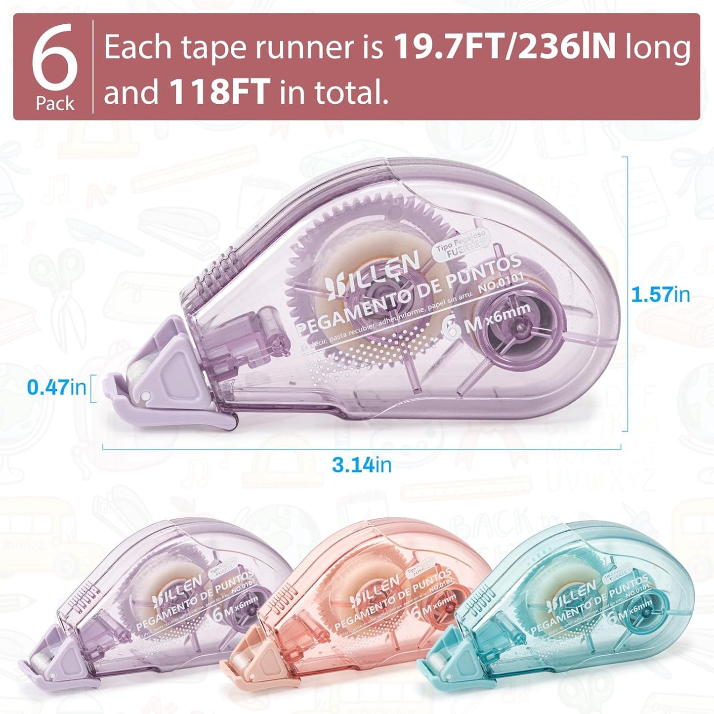 6 Pack Glue Tape, Double Sided Tape Roll for Crafts, Sticky Scrapbook Tape Runner, Scrapbooking Supplies for Crafting Photo Album Cards Journal School Office Gift Wrapping - 0.24IN x 20FT