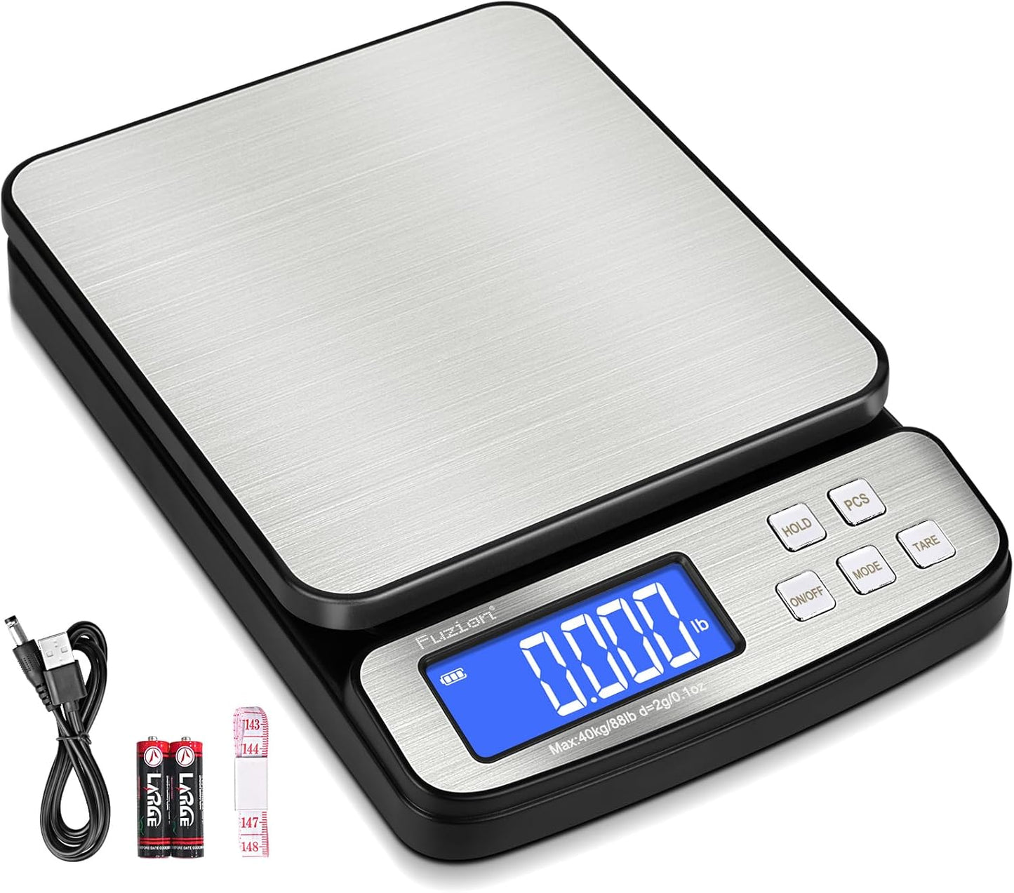 Fuzion Digital Shipping Postal Scale - 88lb x 0.1oz, Stainless Steel Platform, 5 Units, Hold/Tare/PCS Counting, Easy Calibration, Large LCD, Scale for Packages, All-in-1 Shipping Scale