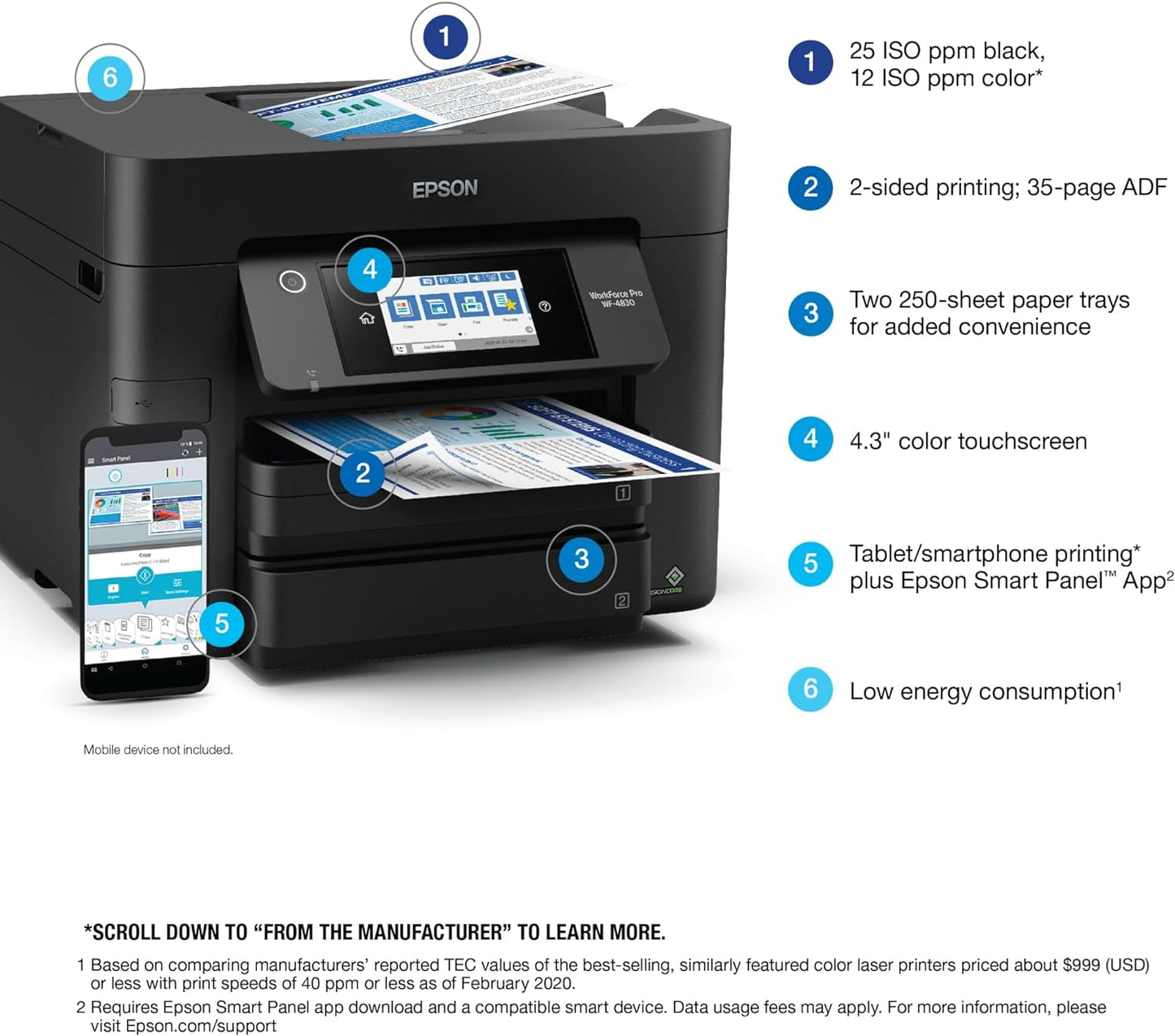 Epson Workforce Pro WF-4830 Wireless All-in-One Printer with Auto 2-Sided Print, Copy, Scan and Fax, 50-Page ADF, 500-sheet Paper Capacity, and 4.3" Color Touchscreen, Works with Alexa, Black, Large