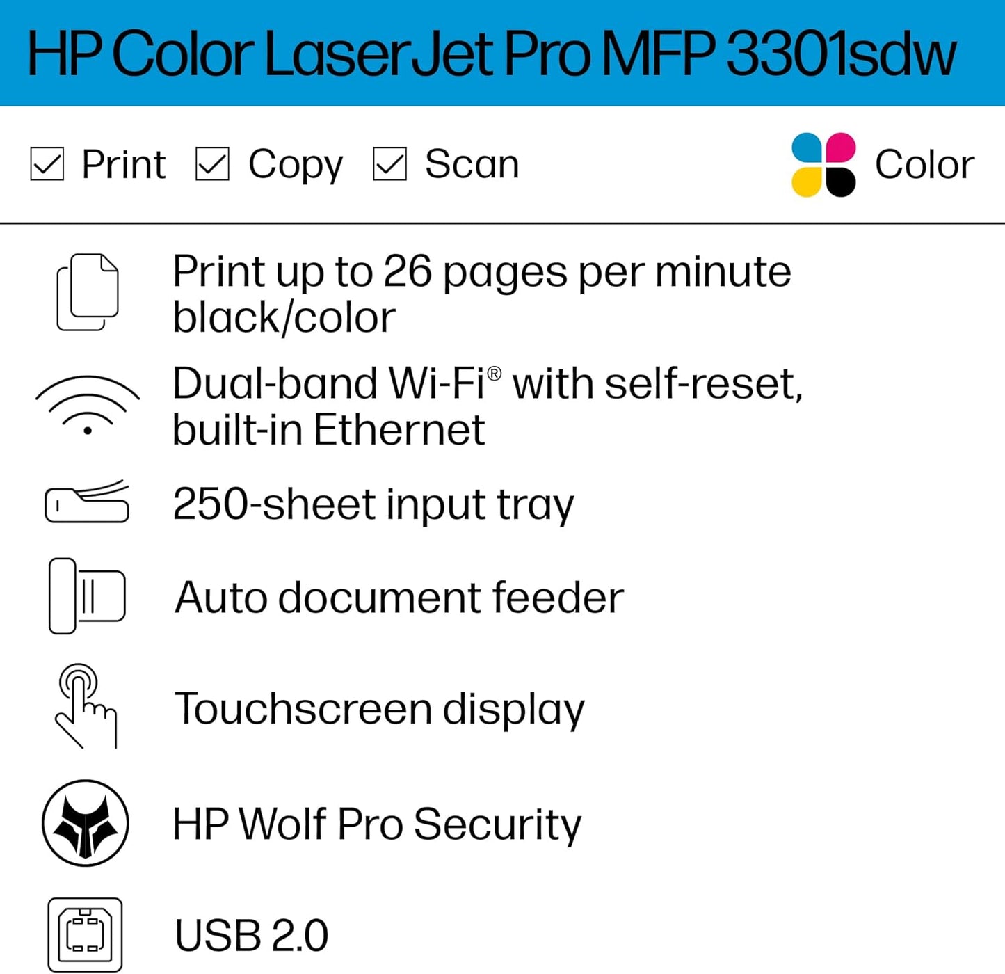 HP Color Laserjet Pro MFP 3301sdw Wireless All-in-One Color Laser Printer, Scanner, Copier, Best-for-Office (499Q3F)