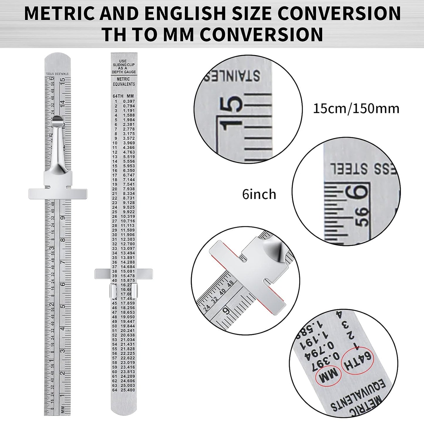 6 Inch 15 cm Pocket Ruler Flexible Precision Stainless Steel Ruler with Detachable Clips Stainless Steel Pocket Clip Scale Gauge Metric British System(3 Pieces)