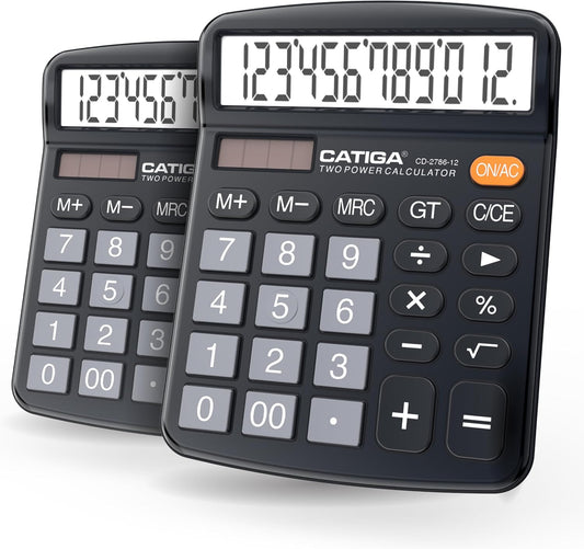 CATIGA Desktop Calculator (2 Pack) 12 Digit with Large LCD Display and Sensitive Button, Solar and Battery Dual Power, Standard Function for Office, Home, School, CD-2786 (2 Black)