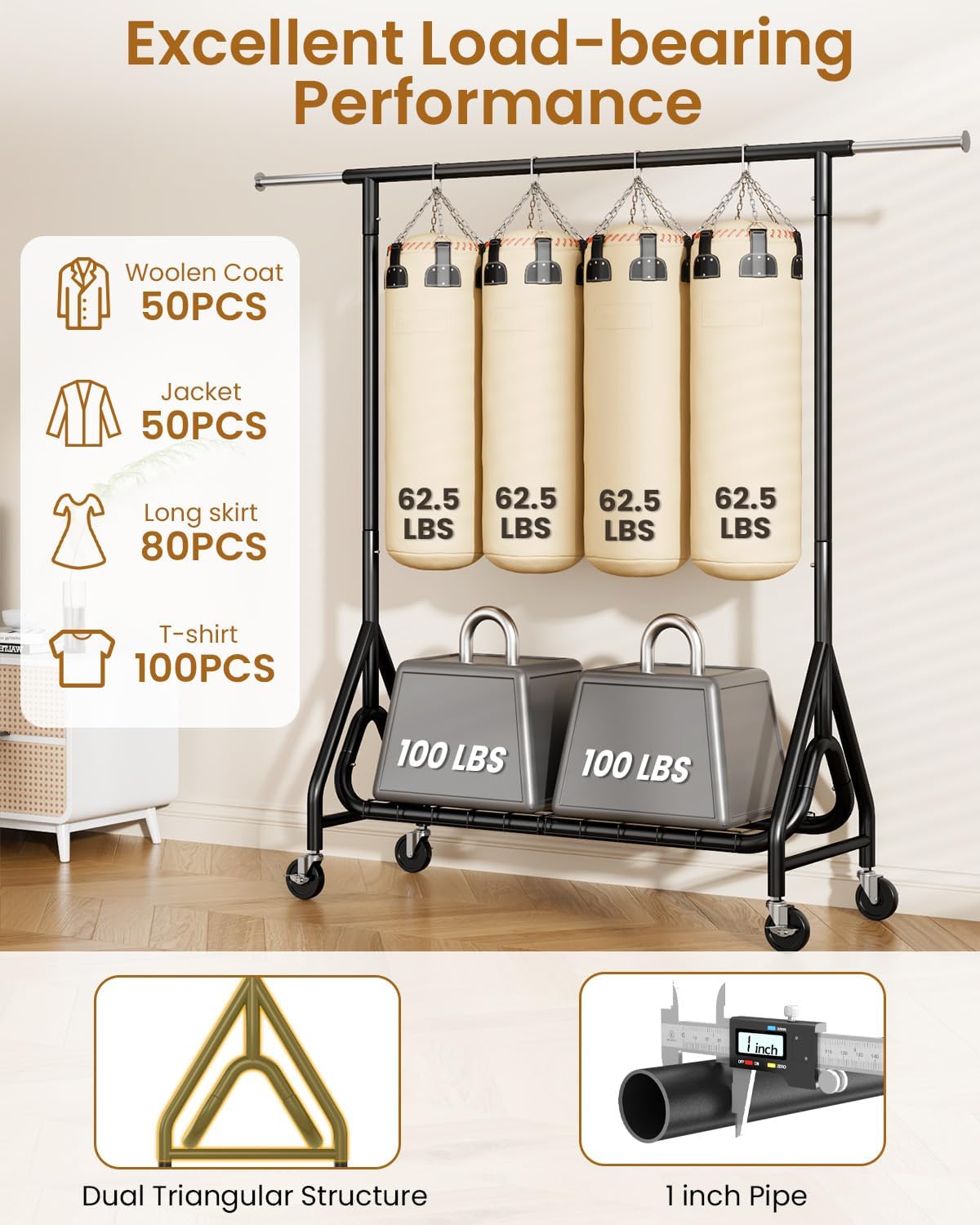 Heavy Duty Clothes Rack, Metal Clothing Rack Load 450 LBS, Rolling Coat Racks for Hanging Clothes with Lockable Wheels, Wardrobe Closet Garment Racks for Bedroom, Black