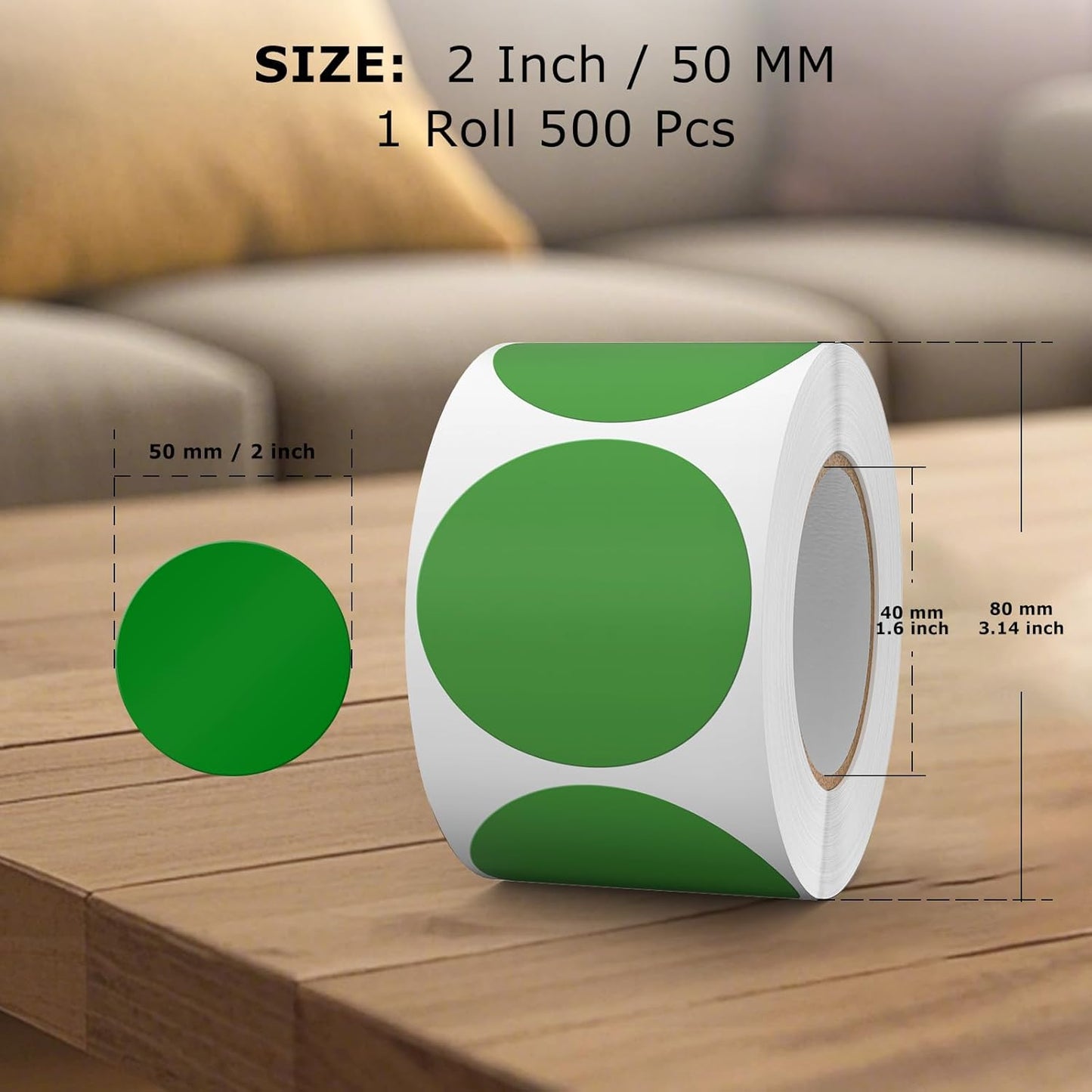 500 PCS Color Coding Round Stickers 2 Inch Vinyl Green Dot Sticker Removable Writable Circle Labels for Office Inventory Garage Yard Sale Tag