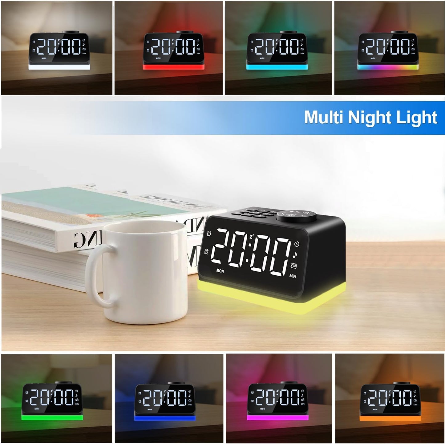Digital Alarm Clock with FM Radio for Bedroom, 8 Colors Night Light with 2 Charging Port, Sleep Sound Machines with Timer, Dual Alarm, Loud Alarm and Easy to Use for Seniors and Kids as Gift (Black)